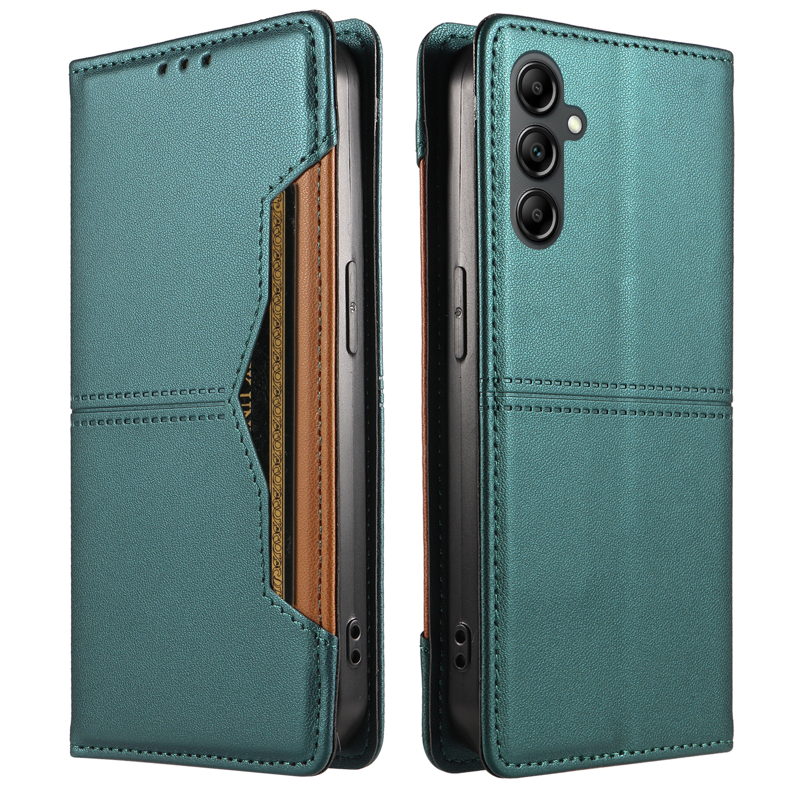 For Samsung Galaxy A14 4G / Galaxy A14 5G Wallet Case External Card Slot Magnetic Closing Leather Phone Cover - Green