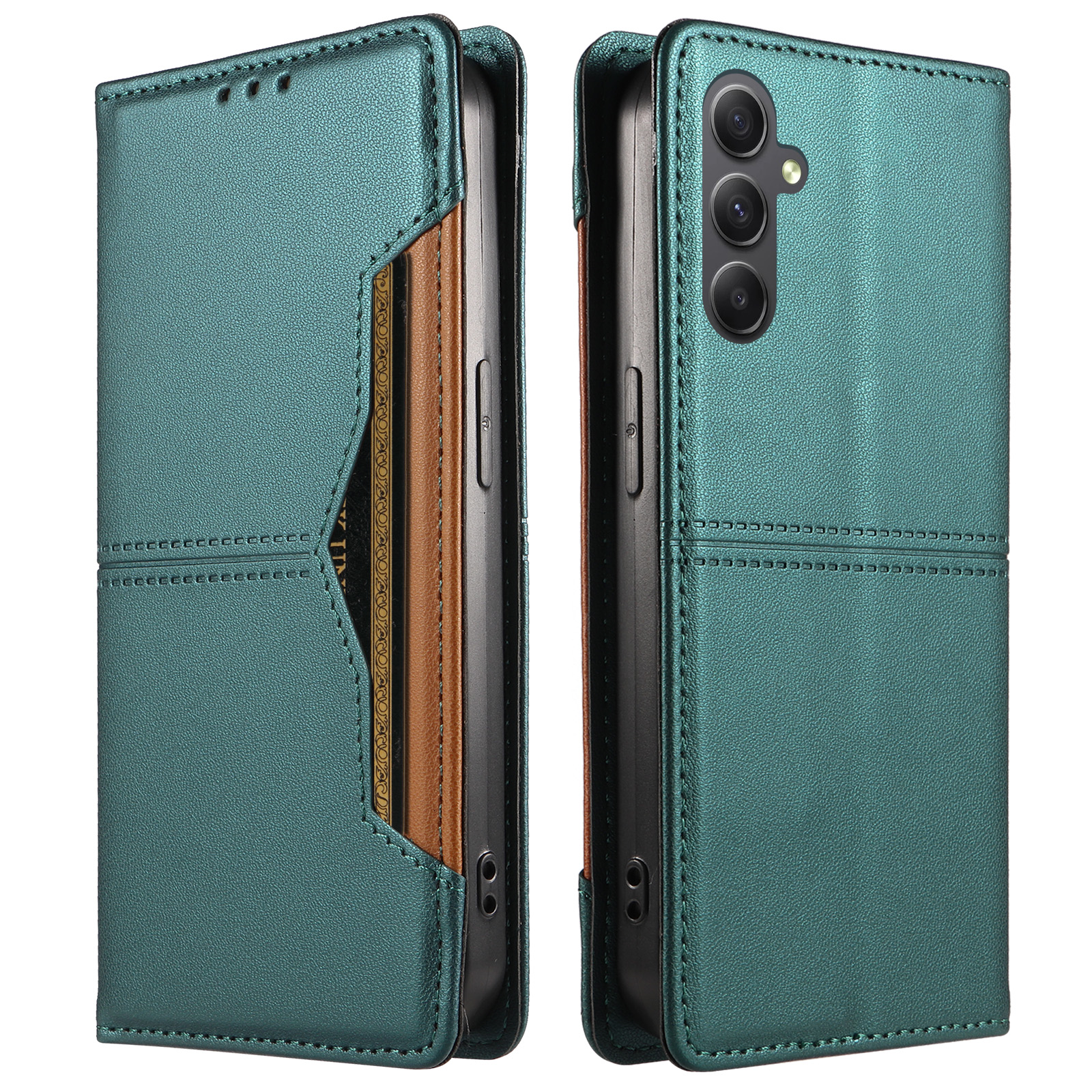 For Samsung Galaxy A34 5G Wallet Case External Card Slot Magnetic Closing Leather Phone Cover - Green