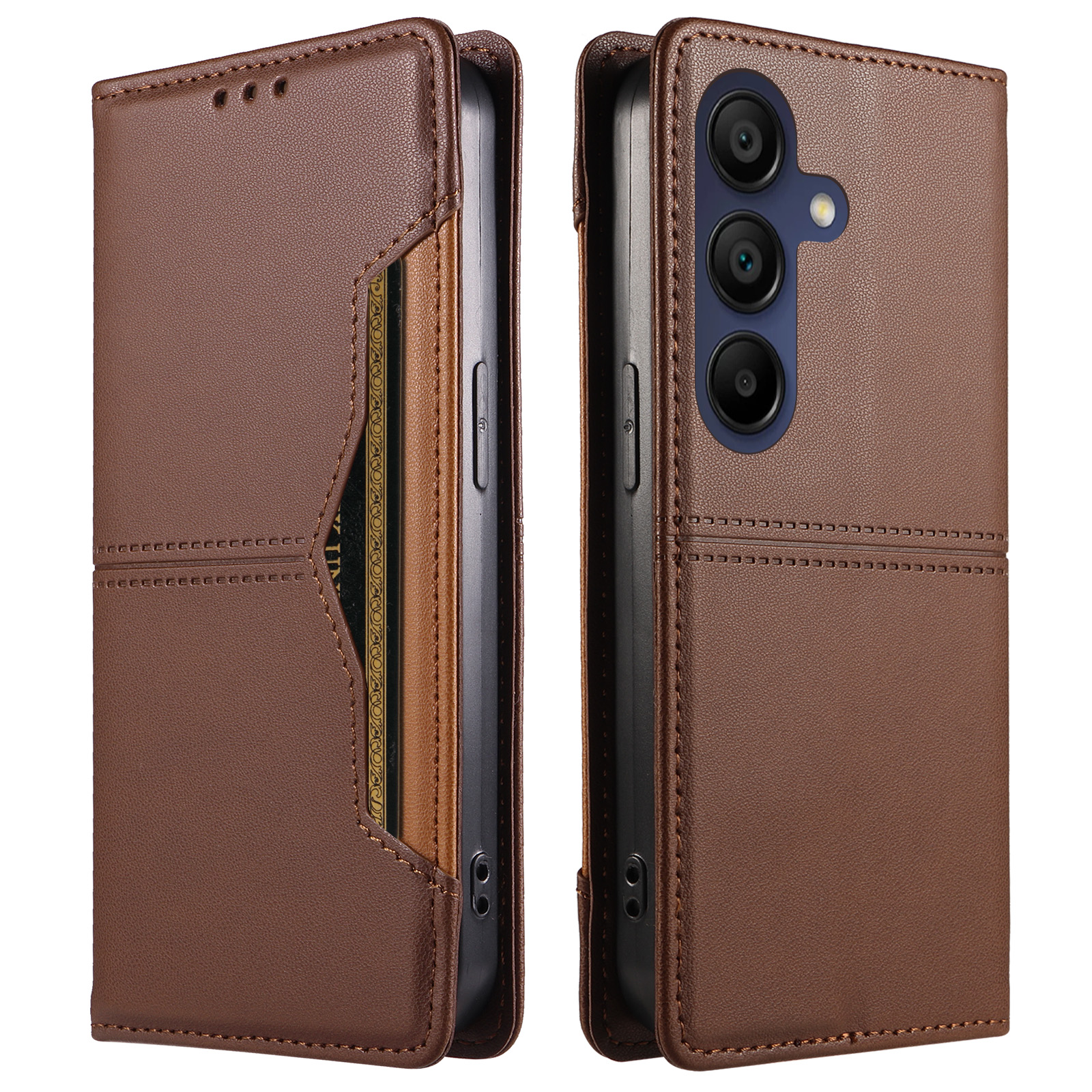 For Samsung Galaxy A15 5G / Galaxy A15 4G Wallet Case External Card Slot Magnetic Closing Leather Phone Cover - Brown