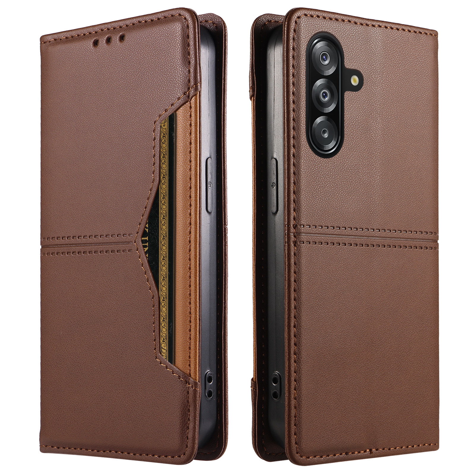 For Samsung Galaxy A17 4G / Galaxy A18 5G / Galaxy A16 5G / Galaxy A16 4G / Galaxy A26 5G / Galaxy A17 5G Wallet Case External Card Slot Magnetic Closing Leather Phone Cover - Brown