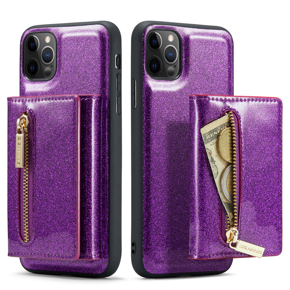 DG.MING M3 Series For iPhone 11 Pro Max 6.5 inch Shockproof 2-in-1 Glitter Sparkly Magnetic Detachable Zipper Pocket Cover Kickstand PU Leather Coated PC+TPU Protective Phone Case - Dark Purple
