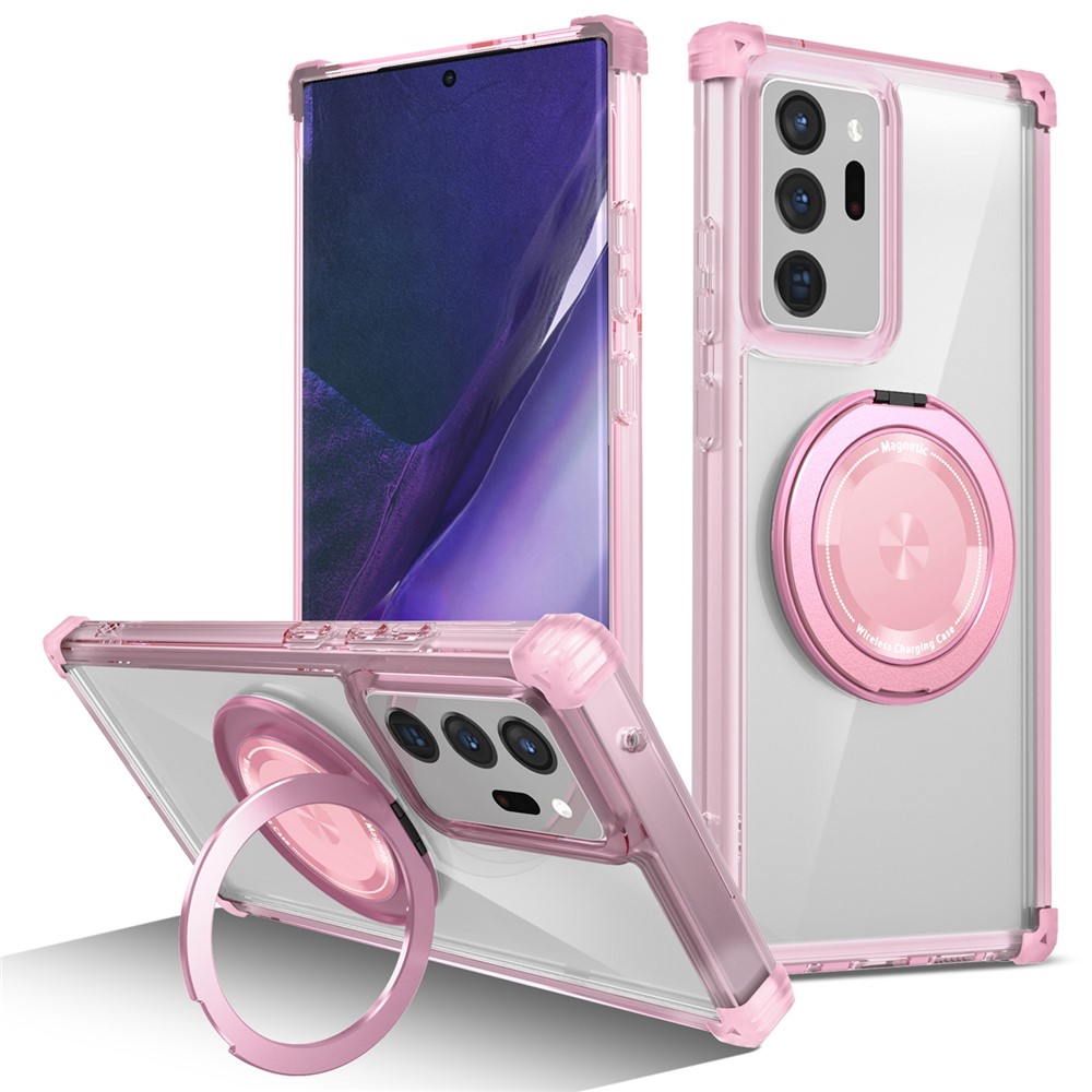 For Samsung Galaxy Note20 Ultra / Note20 Ultra 5G Magnetic Case Rotating Kickstand PC + TPU Back Cover - Transparent Pink
