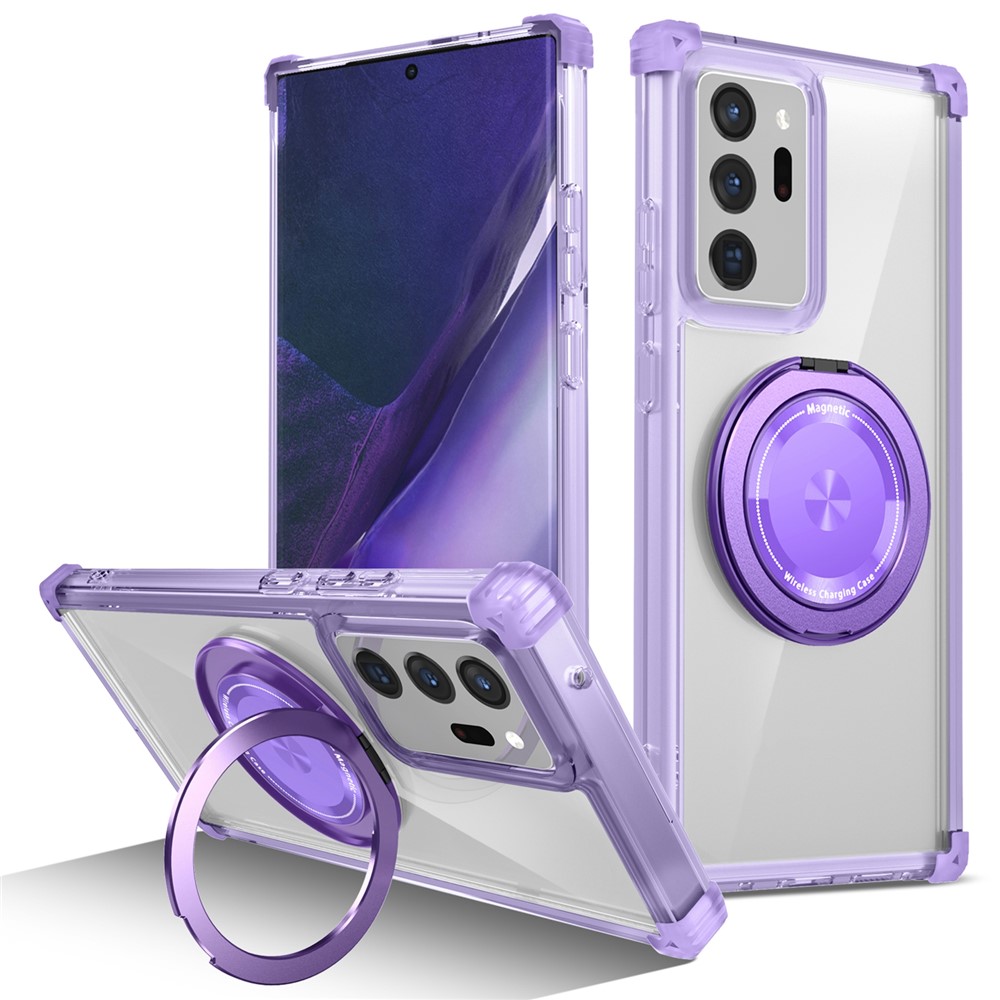 For Samsung Galaxy Note20 Ultra / Note20 Ultra 5G Magnetic Case Rotating Kickstand PC + TPU Back Cover - Transparent Purple