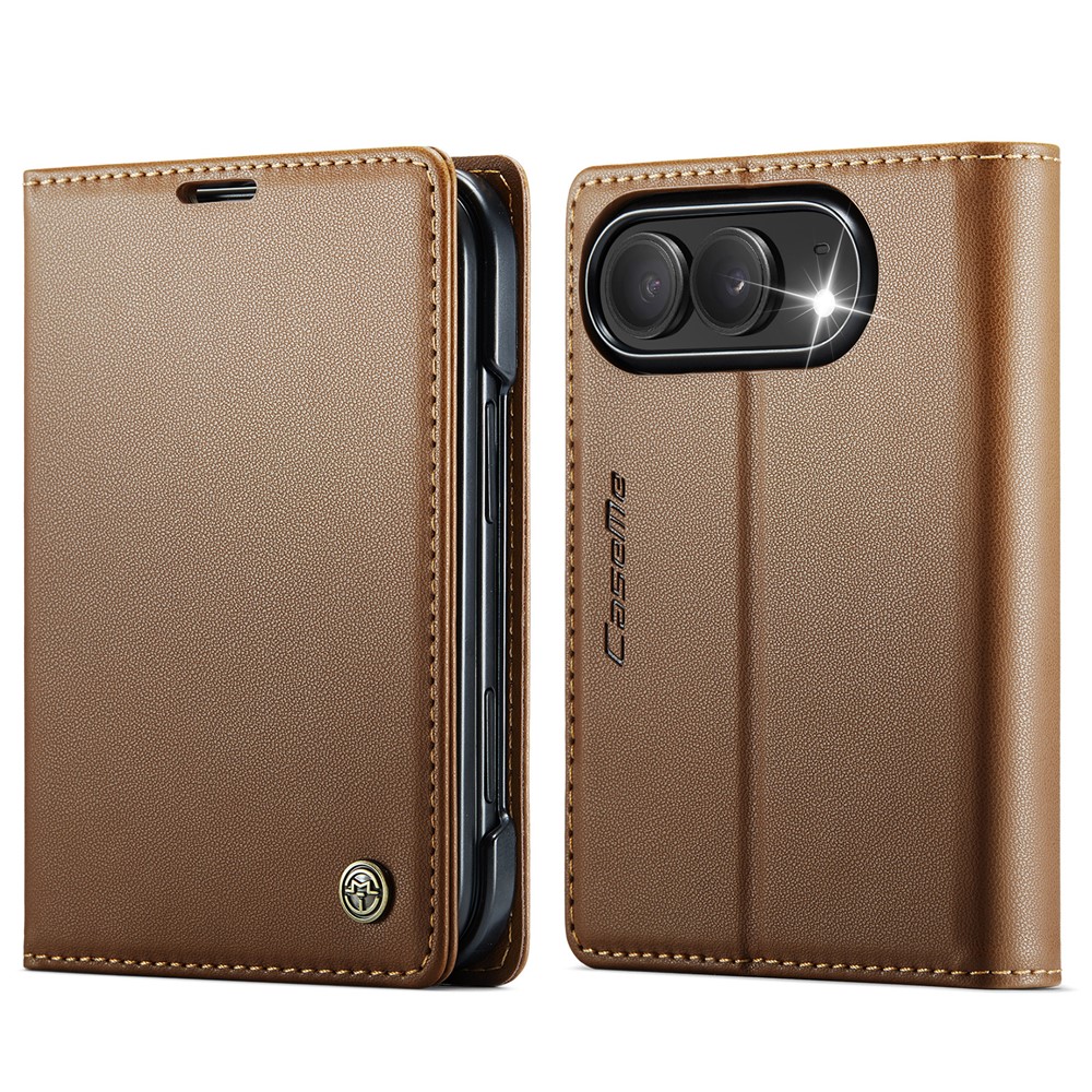 CASEME for iPhone Duo Case 023 Series RFID Blocking Wallet Stand Glossy Litchi Texture Leather Phone Cover - Brown