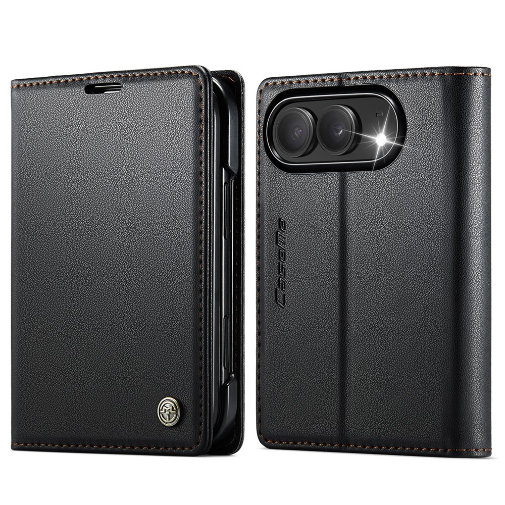 CASEME for iPhone Duo Case 023 Series RFID Blocking Wallet Stand Glossy Litchi Texture Leather Phone Cover - Black