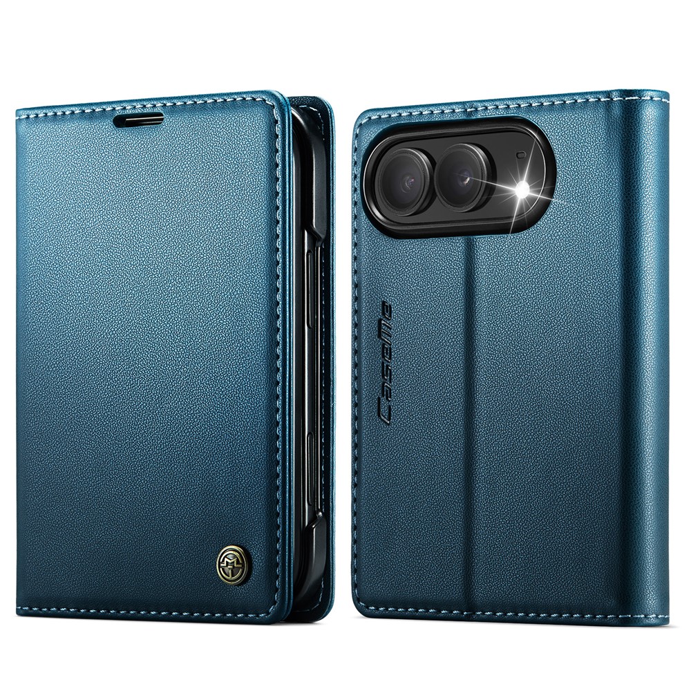 CASEME for iPhone Duo Case 023 Series RFID Blocking Wallet Stand Glossy Litchi Texture Leather Phone Cover - Blue