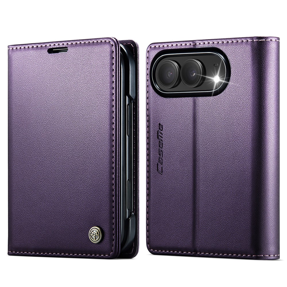 CASEME for iPhone Duo Case  023 Series RFID Blocking Wallet Stand Glossy Litchi Texture Leather Phone Cover - Purple