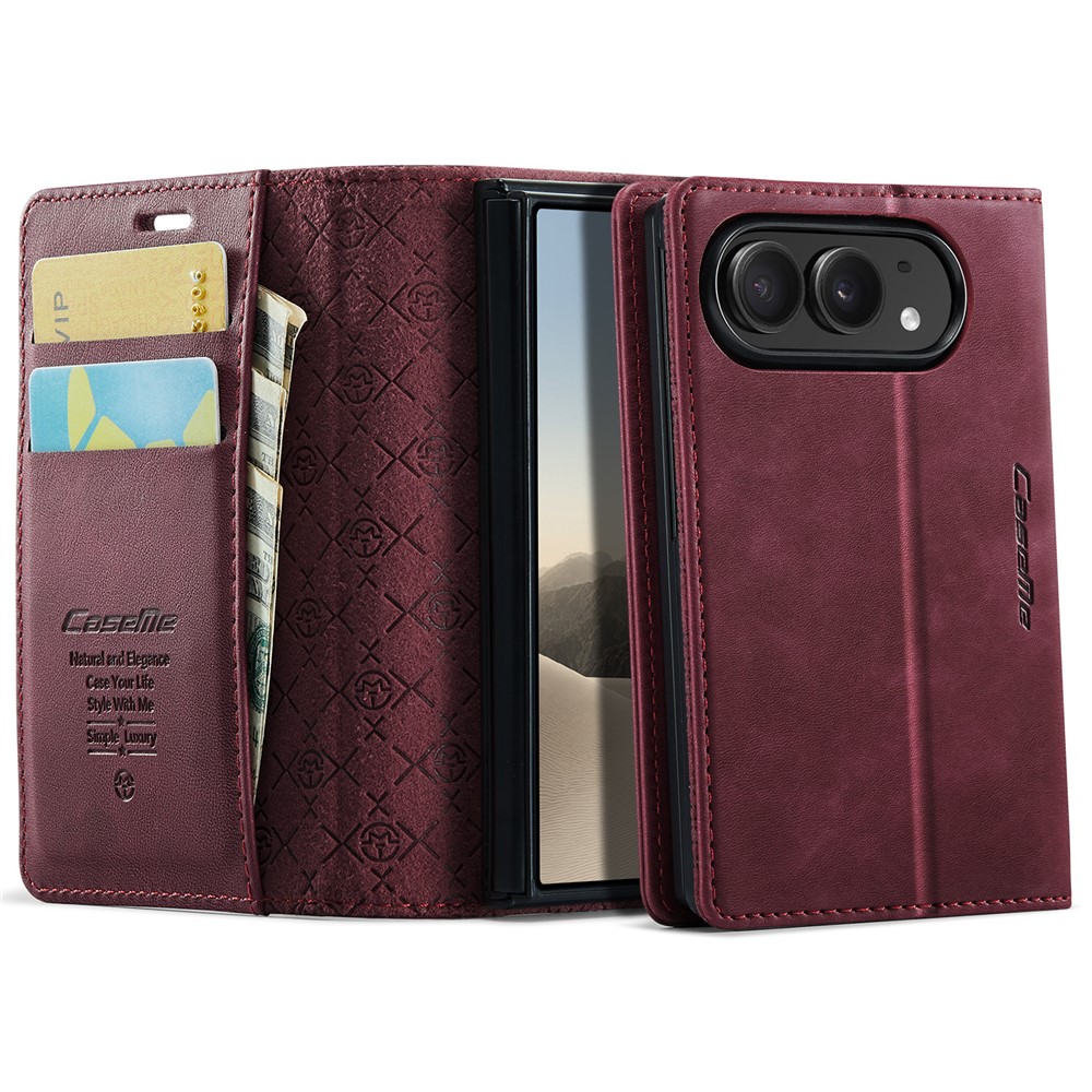 CASEME for iPhone Duo Case 033 Series RFID Blocking Wallet Stand Calf Texture Leather Phone Cover - Red