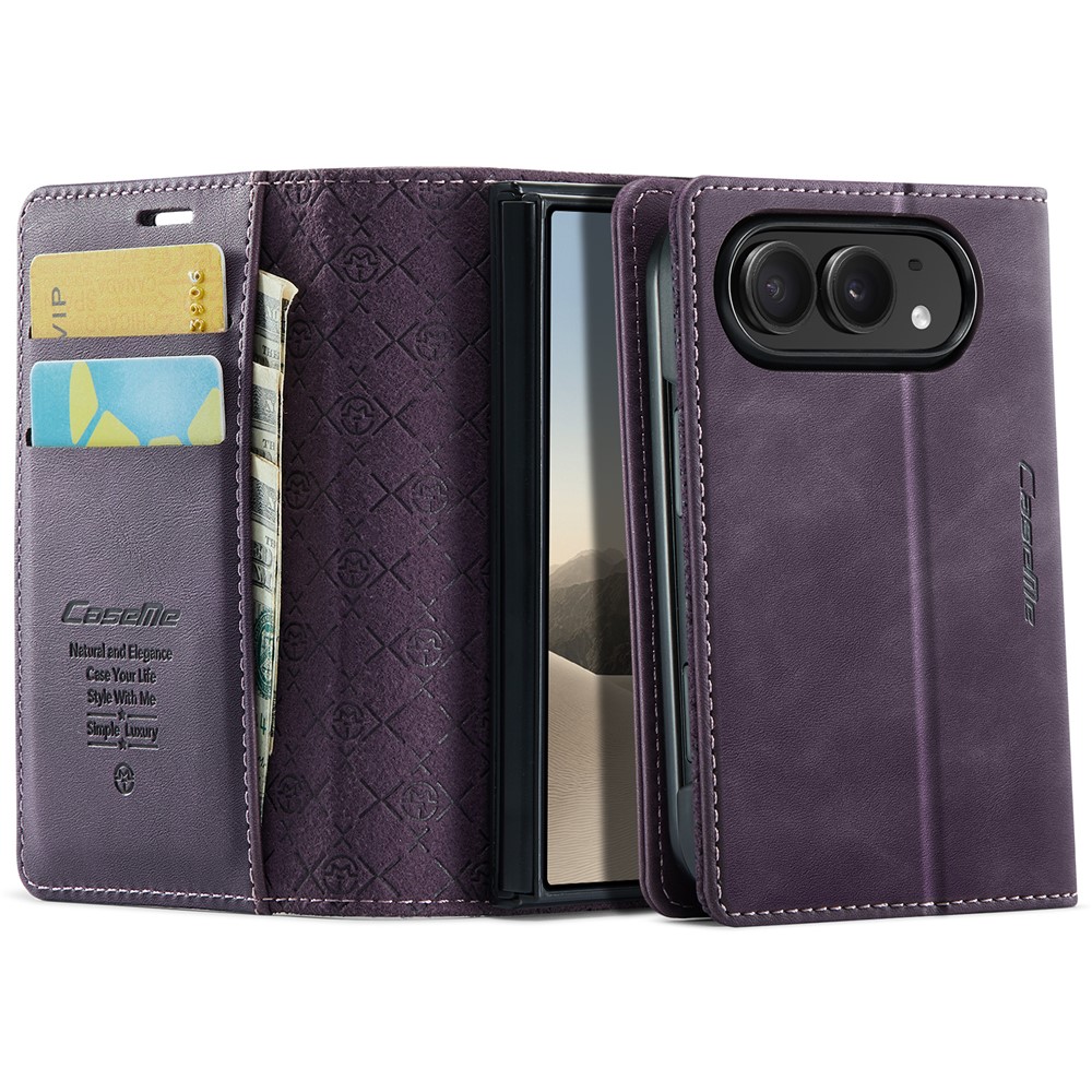 CASEME for iPhone Duo Case 033 Series RFID Blocking Wallet Stand Calf Texture Leather Phone Cover - Purple