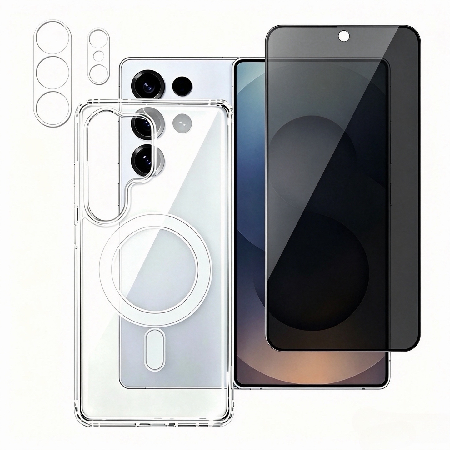 For Samsung Galaxy S24 Ultra 3 in1  Magnetic Case TPU + Acrylic Phone Cover with 180° Anti-Spy Screen Film + Clear Lens Film - Black