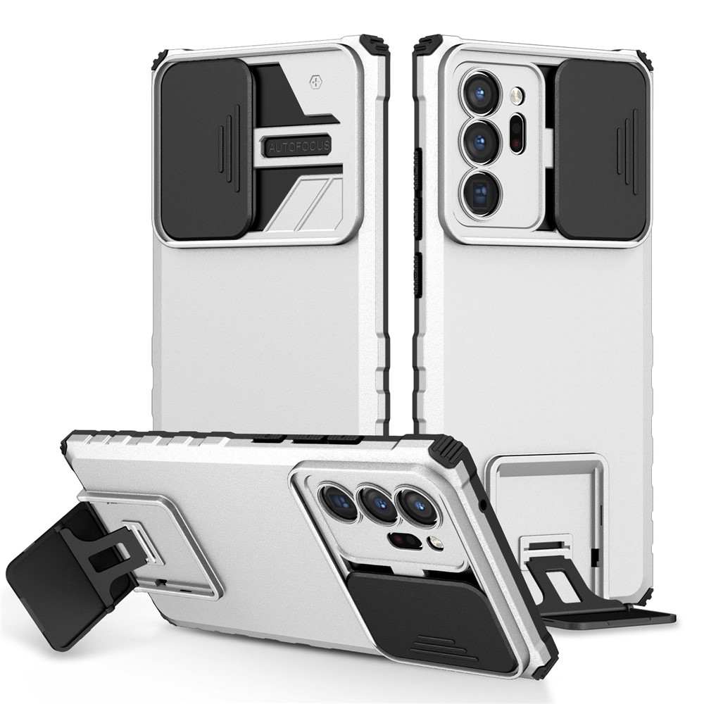 For Samsung Galaxy Note20 Ultra / Note20 Ultra 5G Case Camera Slider PC + TPU Phone Cover with Kickstand - White