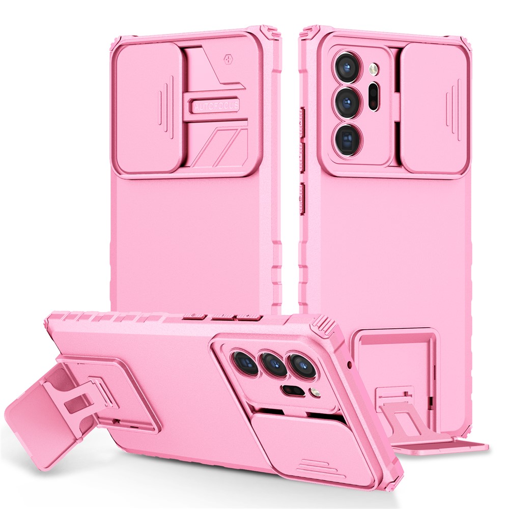 For Samsung Galaxy Note20 Ultra / Note20 Ultra 5G Case Camera Slider PC + TPU Phone Cover with Kickstand - Pink
