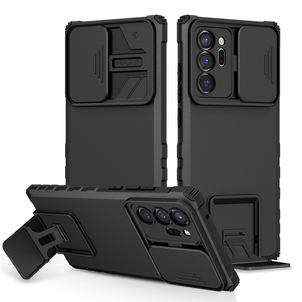 For Samsung Galaxy Note20 Ultra / Note20 Ultra 5G Case Camera Slider PC + TPU Phone Cover with Kickstand - Black
