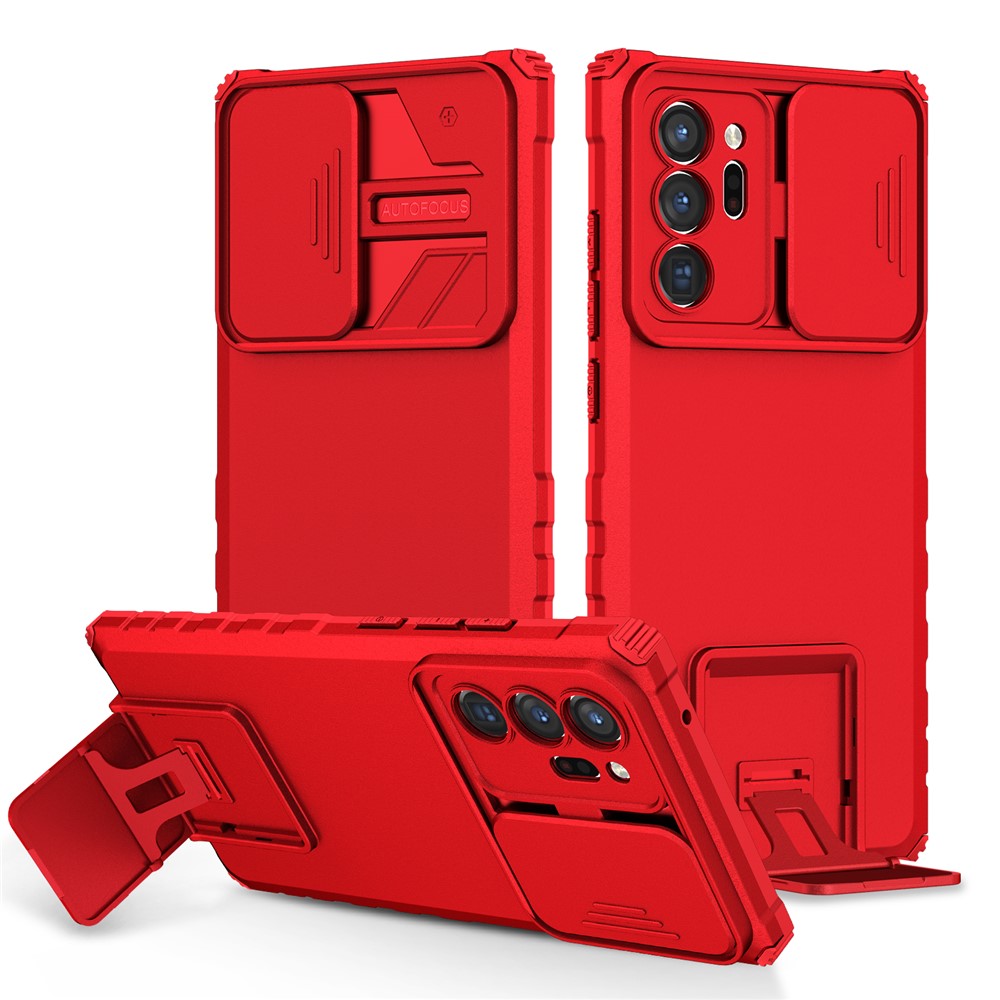 For Samsung Galaxy Note20 Ultra / Note20 Ultra 5G Case Camera Slider PC + TPU Phone Cover with Kickstand - Red