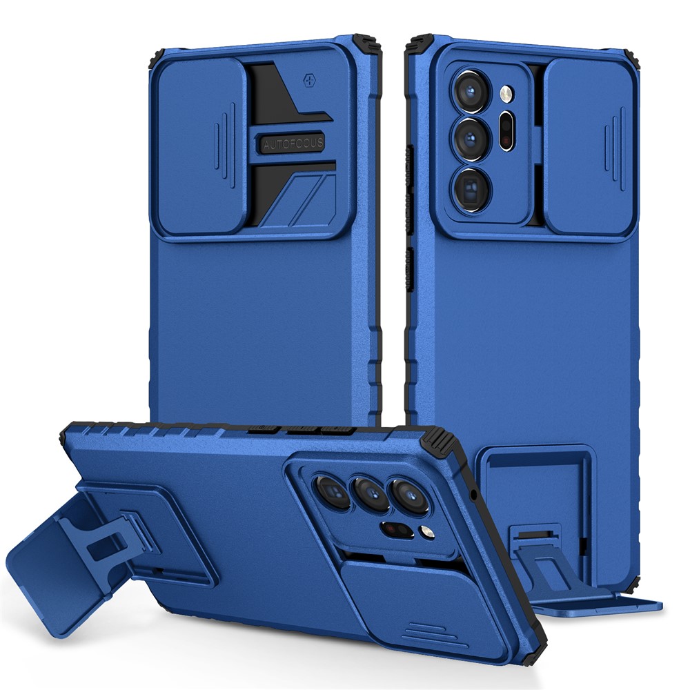 For Samsung Galaxy Note20 Ultra / Note20 Ultra 5G Case Camera Slider PC + TPU Phone Cover with Kickstand - Blue