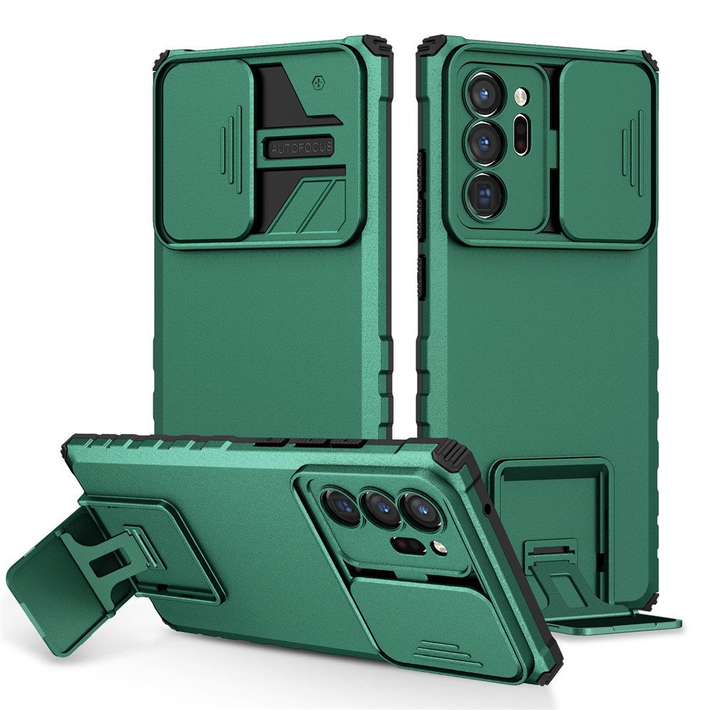 For Samsung Galaxy Note20 Ultra / Note20 Ultra 5G Case Camera Slider PC + TPU Phone Cover with Kickstand - Blackish Green