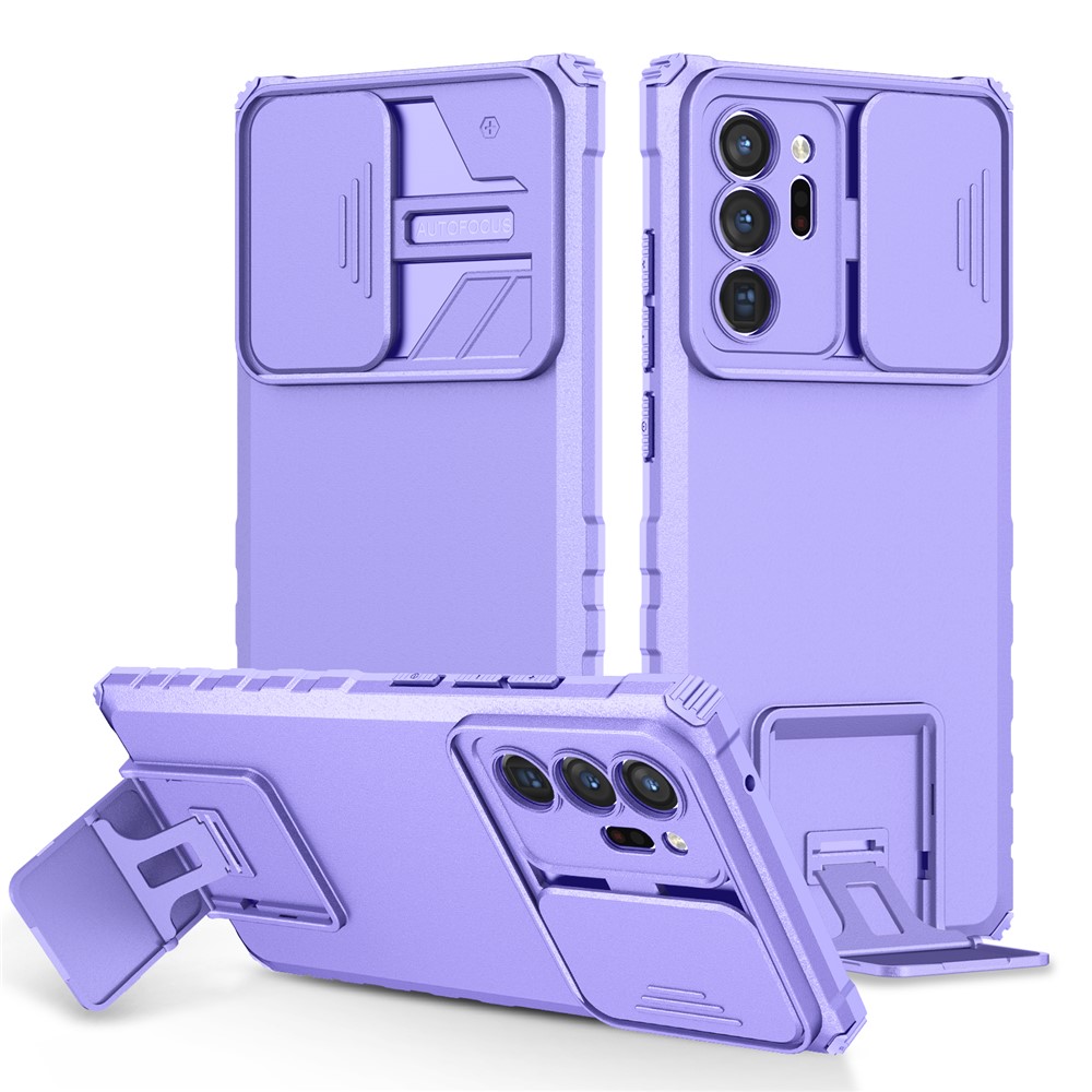 For Samsung Galaxy Note20 Ultra / Note20 Ultra 5G Case Camera Slider PC + TPU Phone Cover with Kickstand - Purple