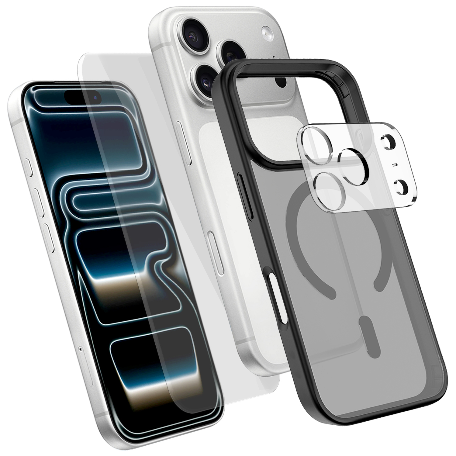 For iPhone 18 Pro Magnetic Case TPU + PC Phone Cover with High Aluminium-Silicon Glass Screen Protector + PC Camera Lens Protector - Black