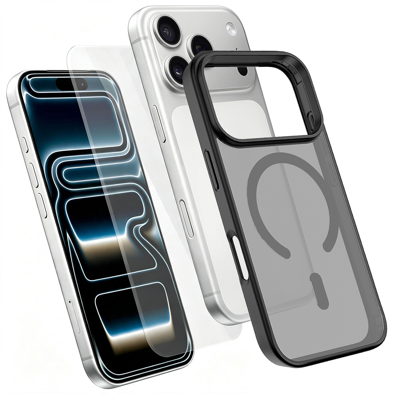 For iPhone 17 Pro / iPhone 18 Pro Magnetic Case TPU + PC Phone Cover with High Aluminium-Silicon Glass Screen Protector - Black