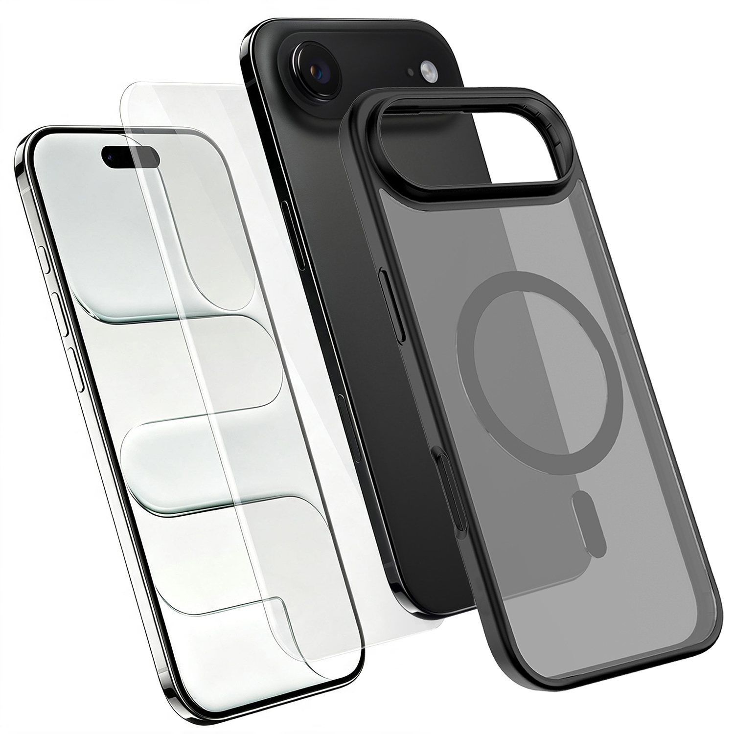 For iPhone Air Magnetic Case TPU + PC Phone Cover with High Aluminium-Silicon Glass Screen Protector - Black