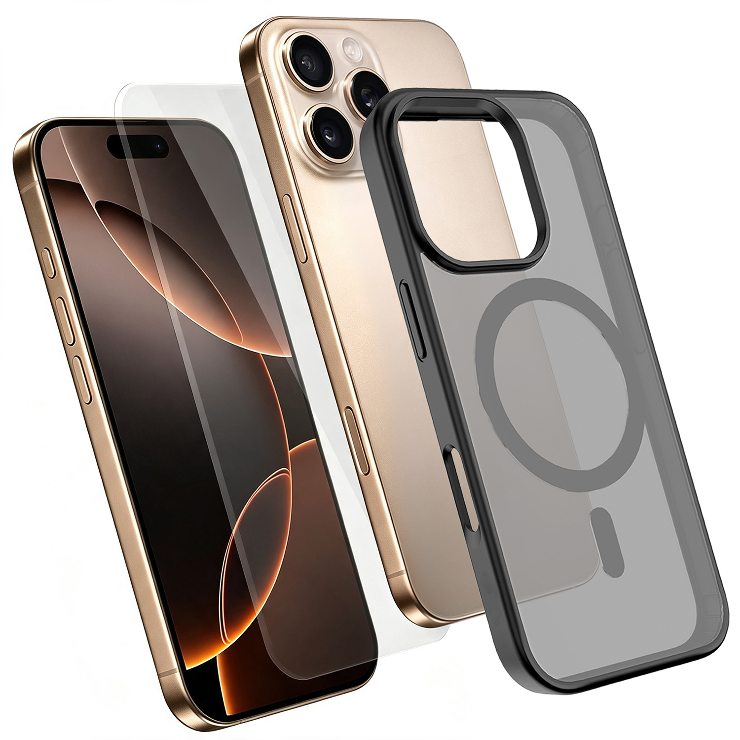 For iPhone 16 Pro Max Magnetic Case TPU + PC Phone Cover with High Aluminium-Silicon Glass Screen Protector - Black