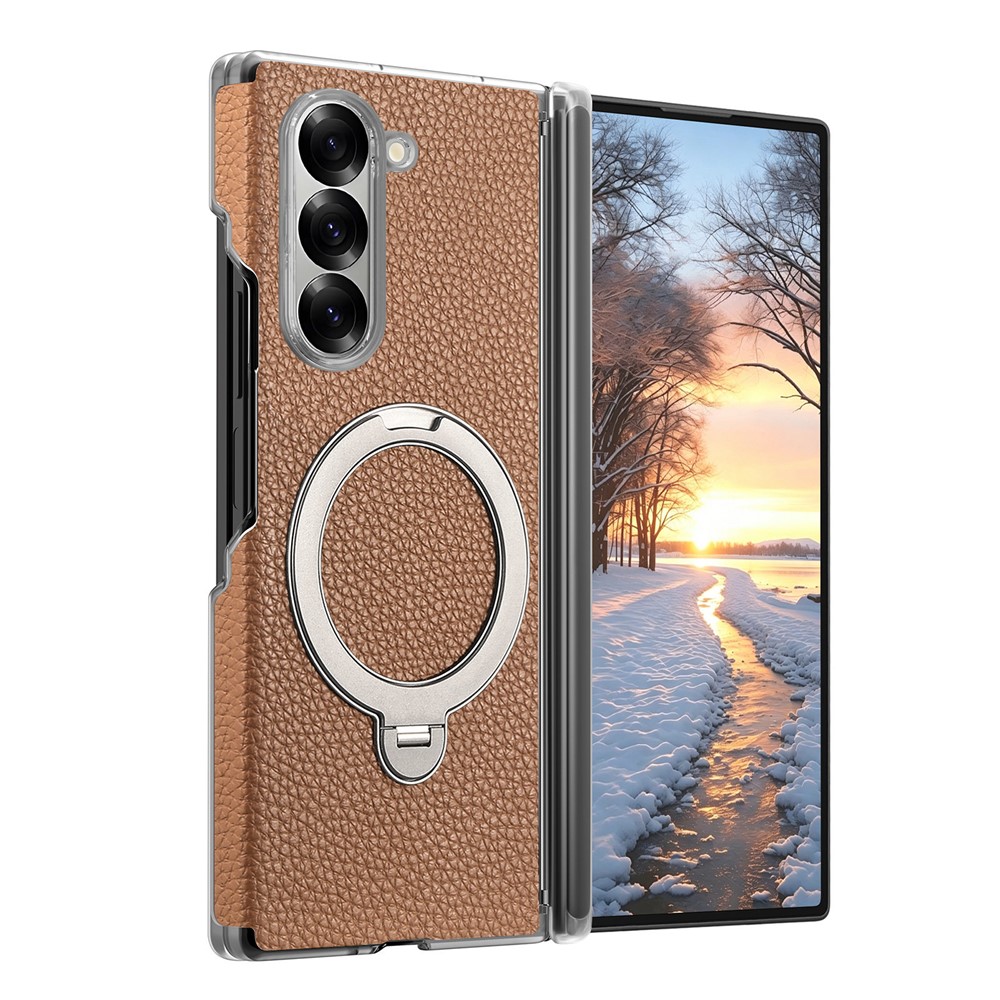 For Samsung Galaxy Z Fold5 5G Case Magnetic Rotatable Kickstand Lychee-textured Hinge Protection Phone Cover - Brown
