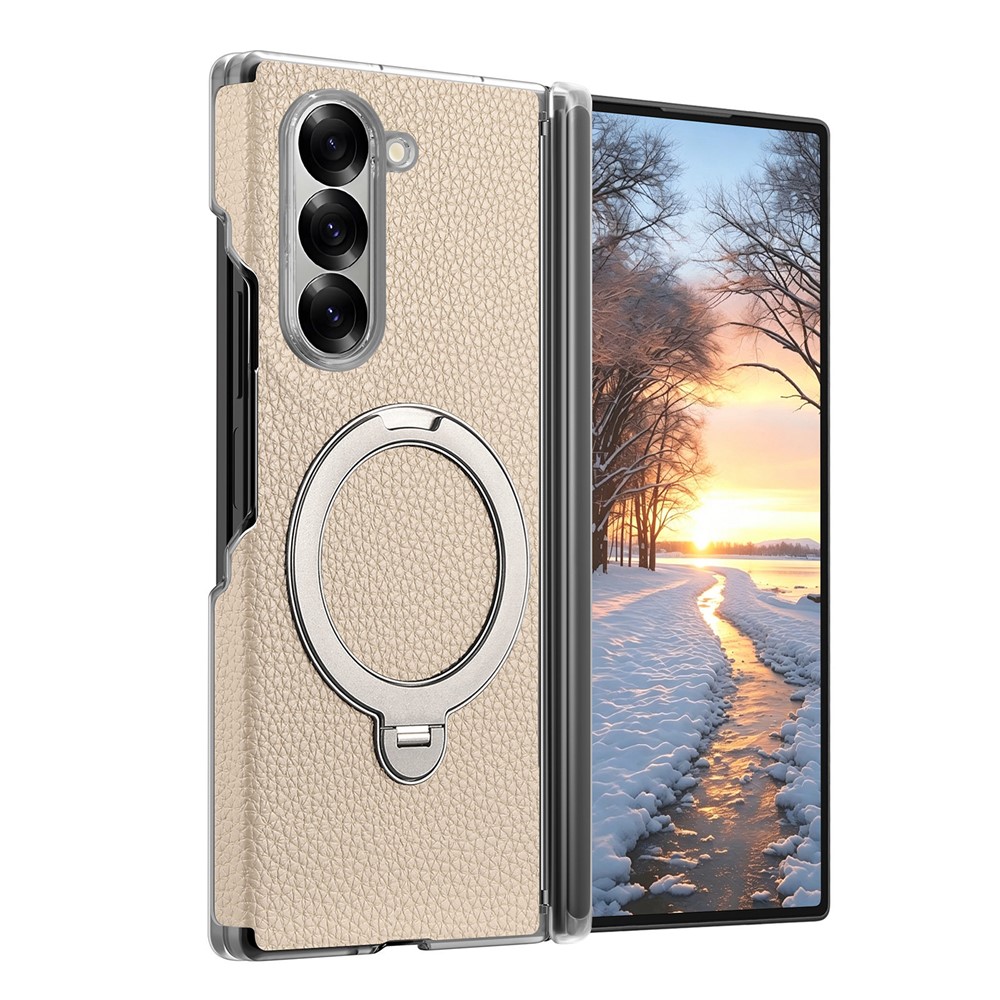 For Samsung Galaxy Z Fold5 5G Case Magnetic Rotatable Kickstand Lychee-textured Hinge Protection Phone Cover - Khaki