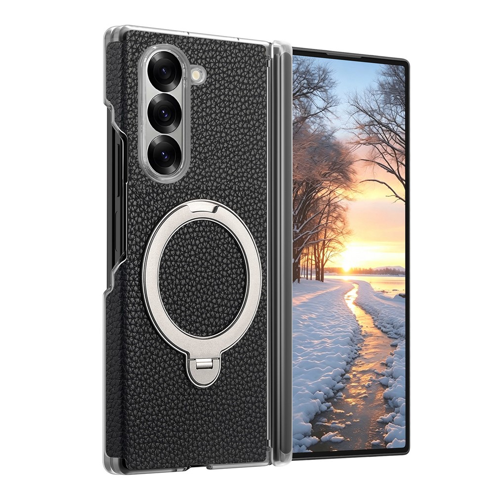For Samsung Galaxy Z Fold5 5G Case Magnetic Rotatable Kickstand Lychee-textured Hinge Protection Phone Cover - Black