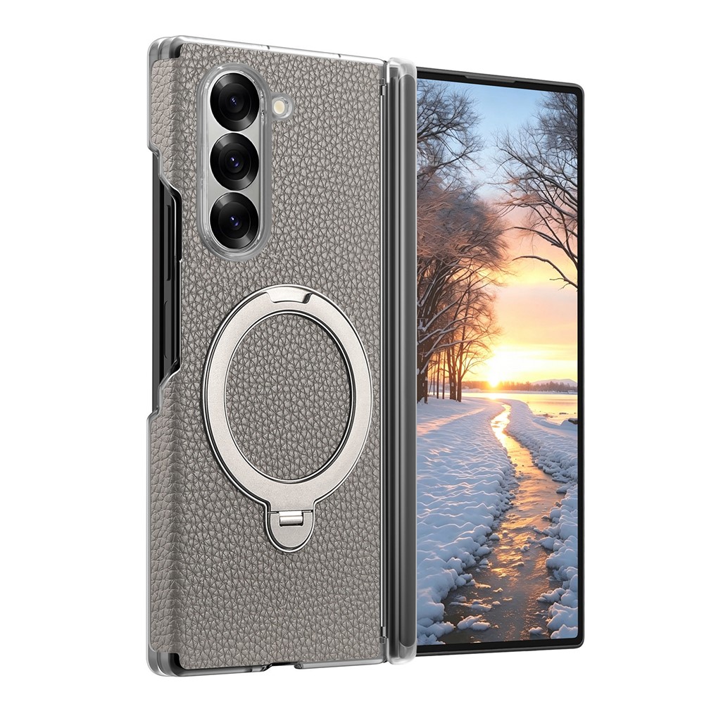 For Samsung Galaxy Z Fold5 5G Case Magnetic Rotatable Kickstand Lychee-textured Hinge Protection Phone Cover - Grey