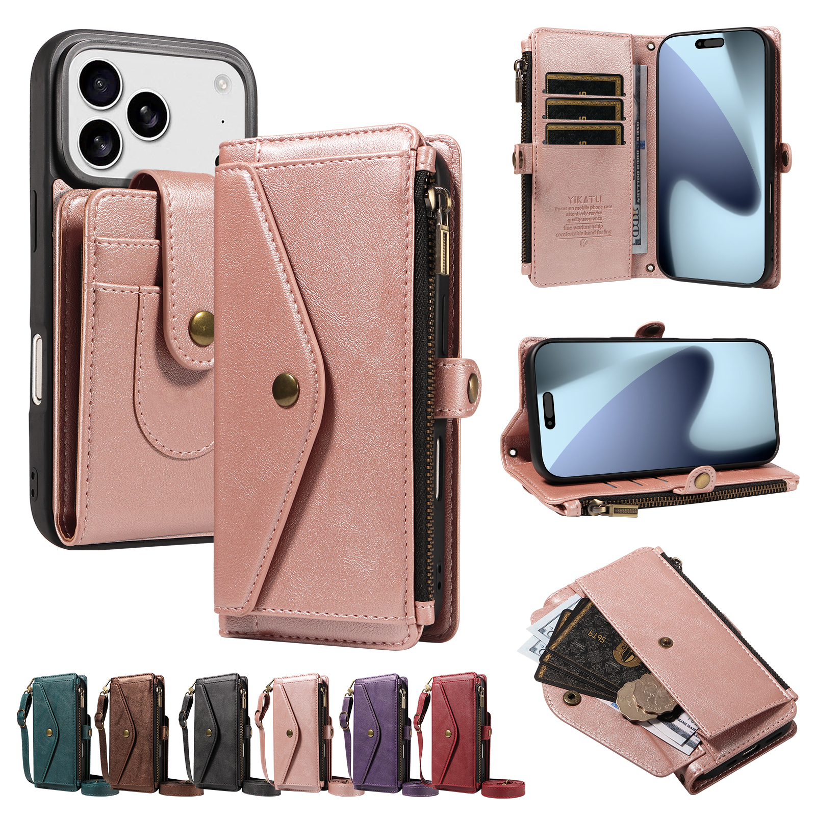 For iPhone 17 Pro / iPhone 18 Pro Magnetic Case Detachable RFID Blocking Wallet PU Leather + Matte TPU Phone Cover with Straps - Rose Gold