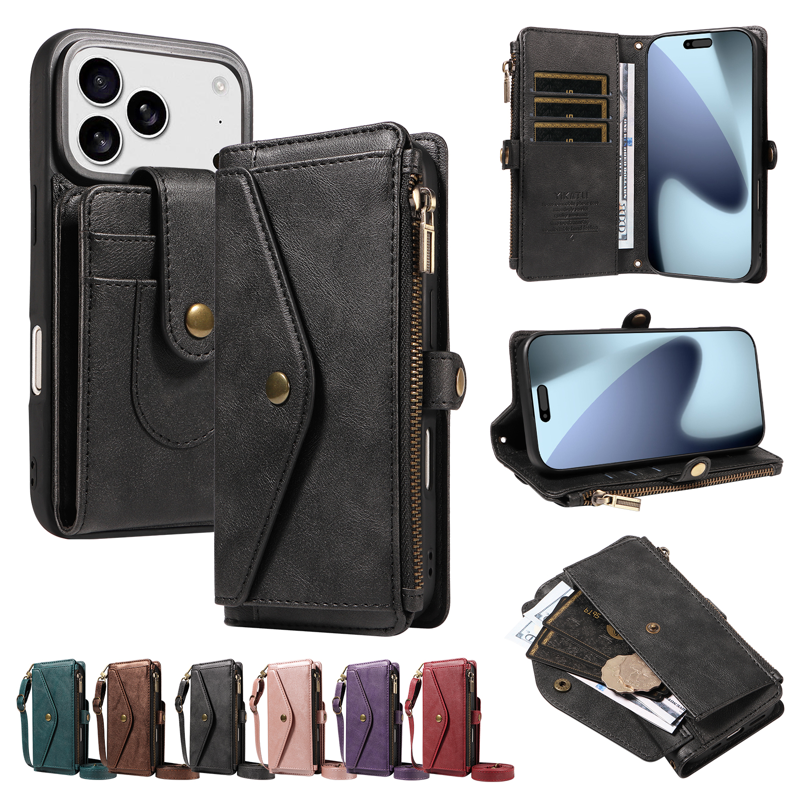 For iPhone 17 Pro / iPhone 18 Pro Magnetic Case Detachable RFID Blocking Wallet PU Leather + Matte TPU Phone Cover with Straps - Black