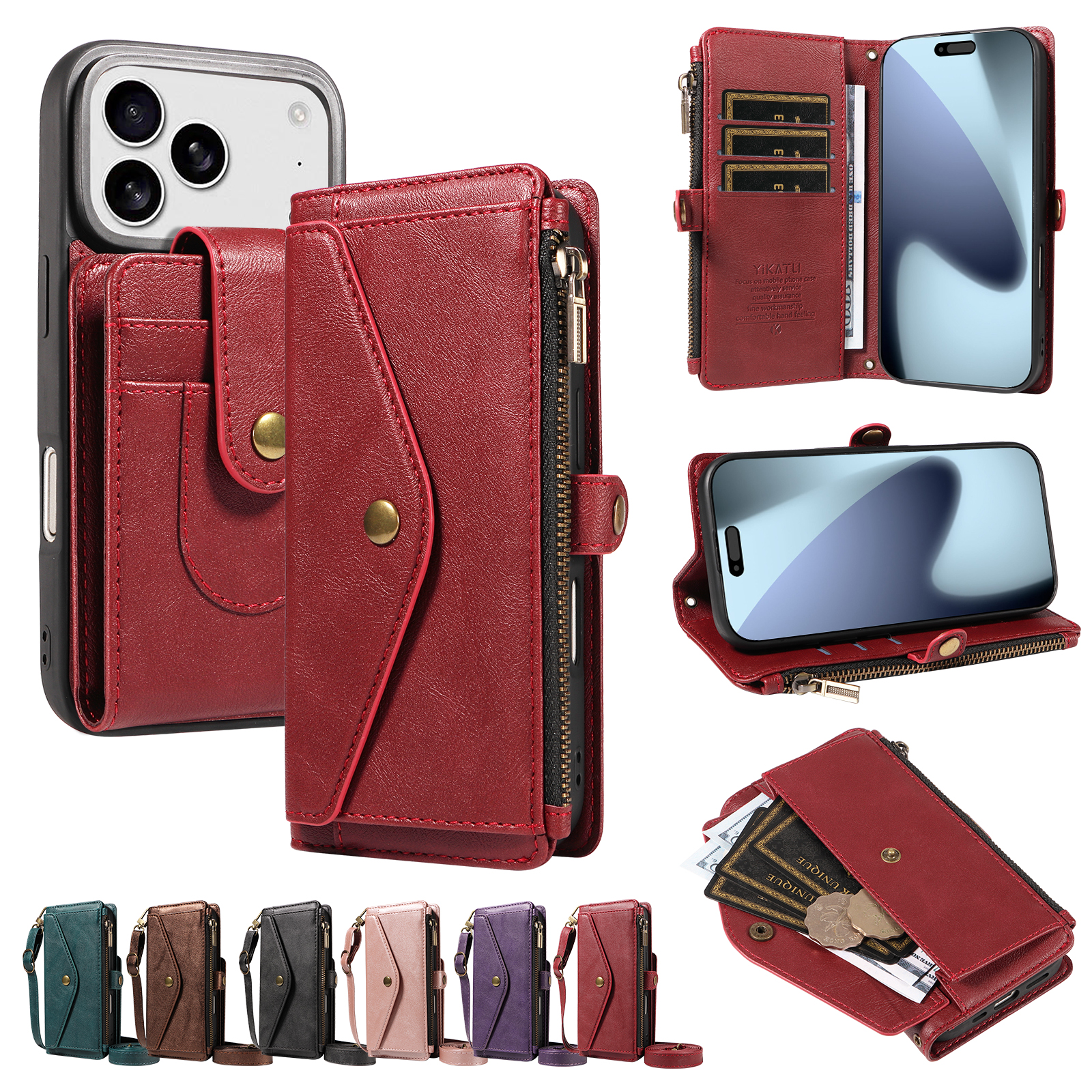 For iPhone 17 Pro / iPhone 18 Pro Magnetic Case Detachable RFID Blocking Wallet PU Leather + Matte TPU Phone Cover with Straps - Wine Red