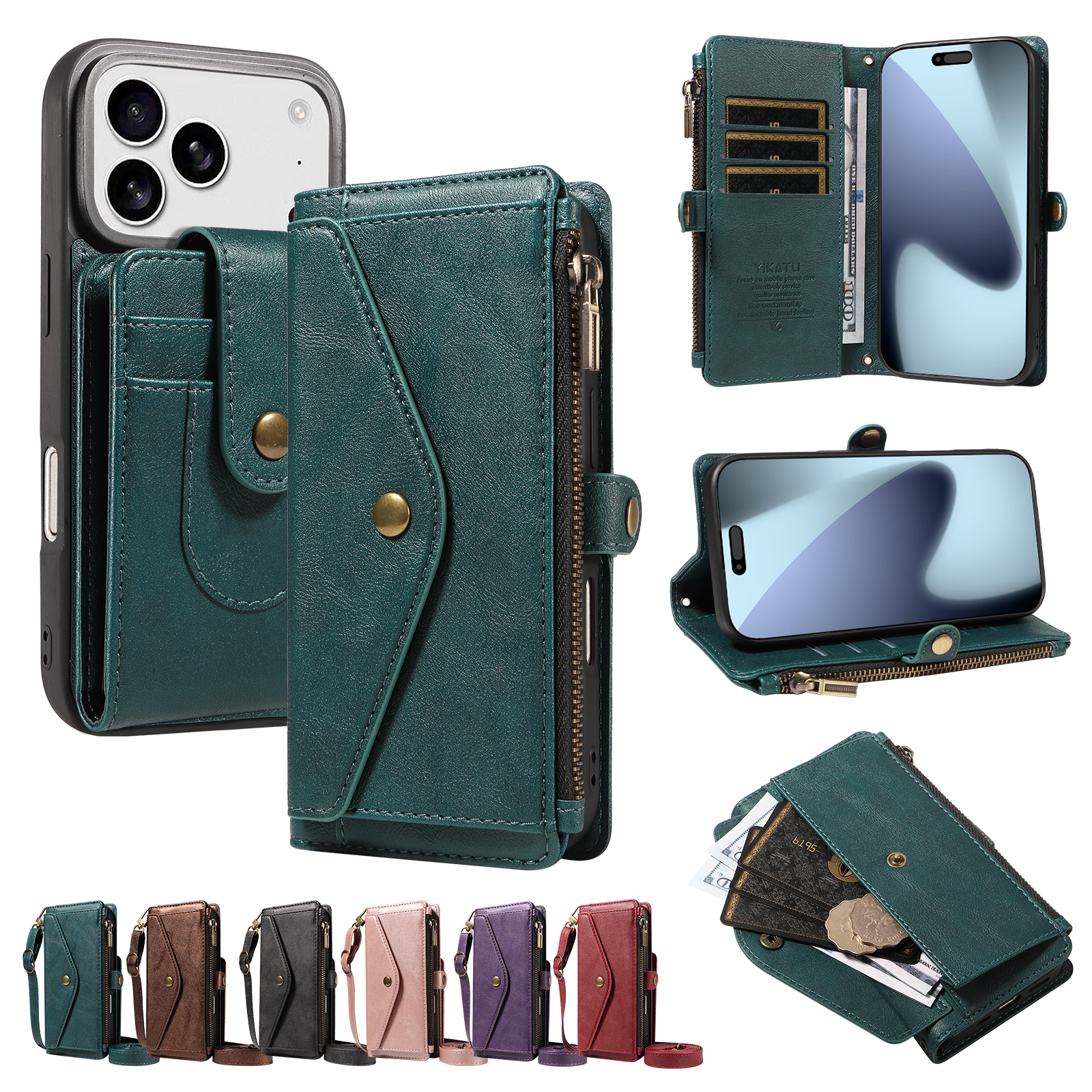 For iPhone 17 Pro / iPhone 18 Pro Magnetic Case Detachable RFID Blocking Wallet PU Leather + Matte TPU Phone Cover with Straps - Green