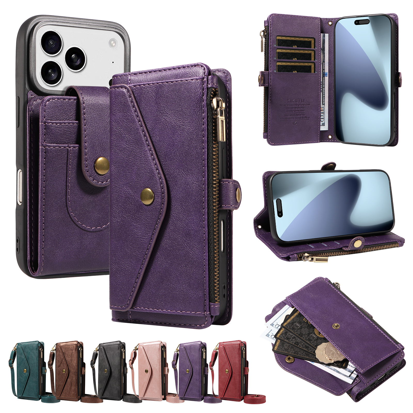 For iPhone 17 Pro / iPhone 18 Pro Magnetic Case Detachable RFID Blocking Wallet PU Leather + Matte TPU Phone Cover with Straps - Purple