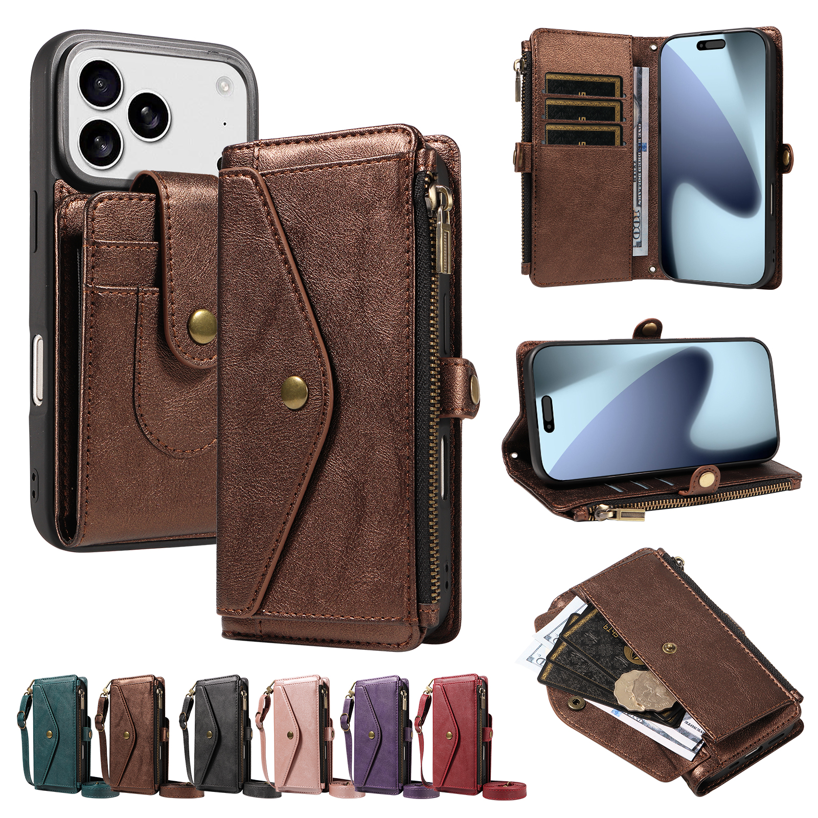 For iPhone 17 Pro / iPhone 18 Pro Magnetic Case Detachable RFID Blocking Wallet PU Leather + Matte TPU Phone Cover with Straps - Brown