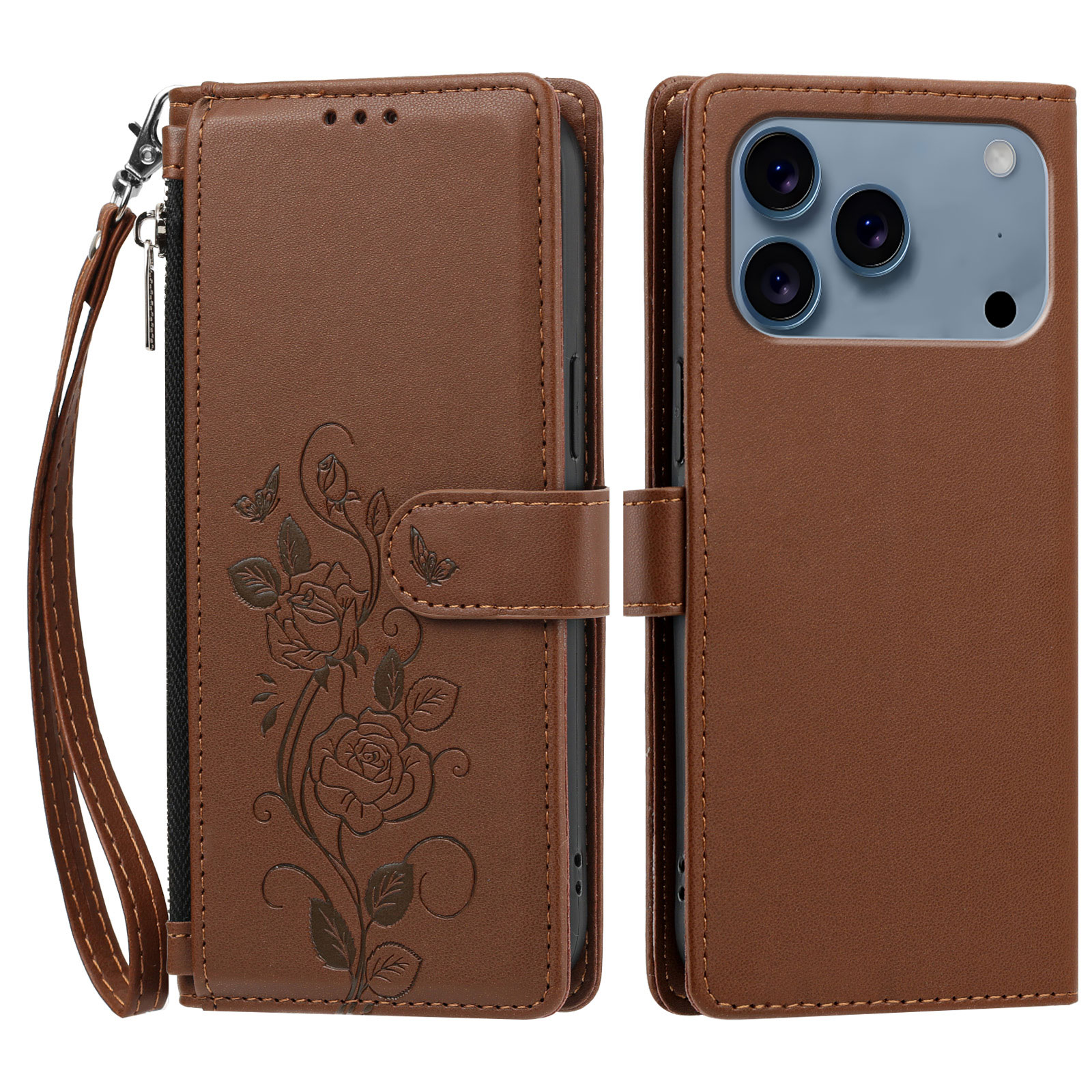 For iPhone 17 Pro Max / iPhone 18 Pro Max Case Rose Pattern Imprinted Wallet Stand PU Leather Phone Cover with Wrist Strap - Brown