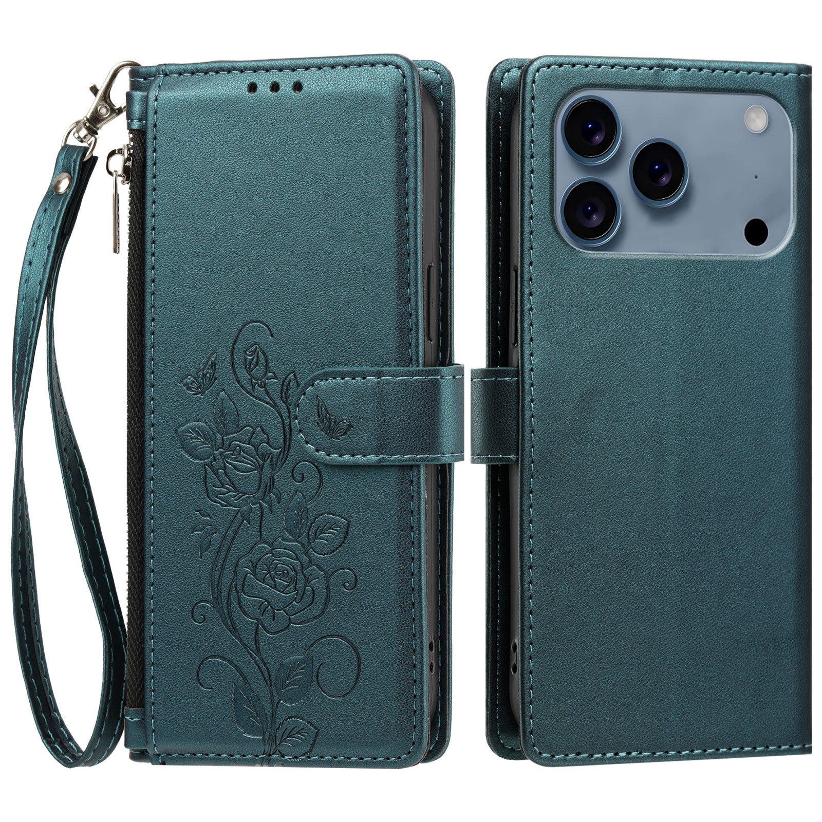 For iPhone 17 Pro Max / iPhone 18 Pro Max Case Rose Pattern Imprinted Wallet Stand PU Leather Phone Cover with Wrist Strap - Dark Green