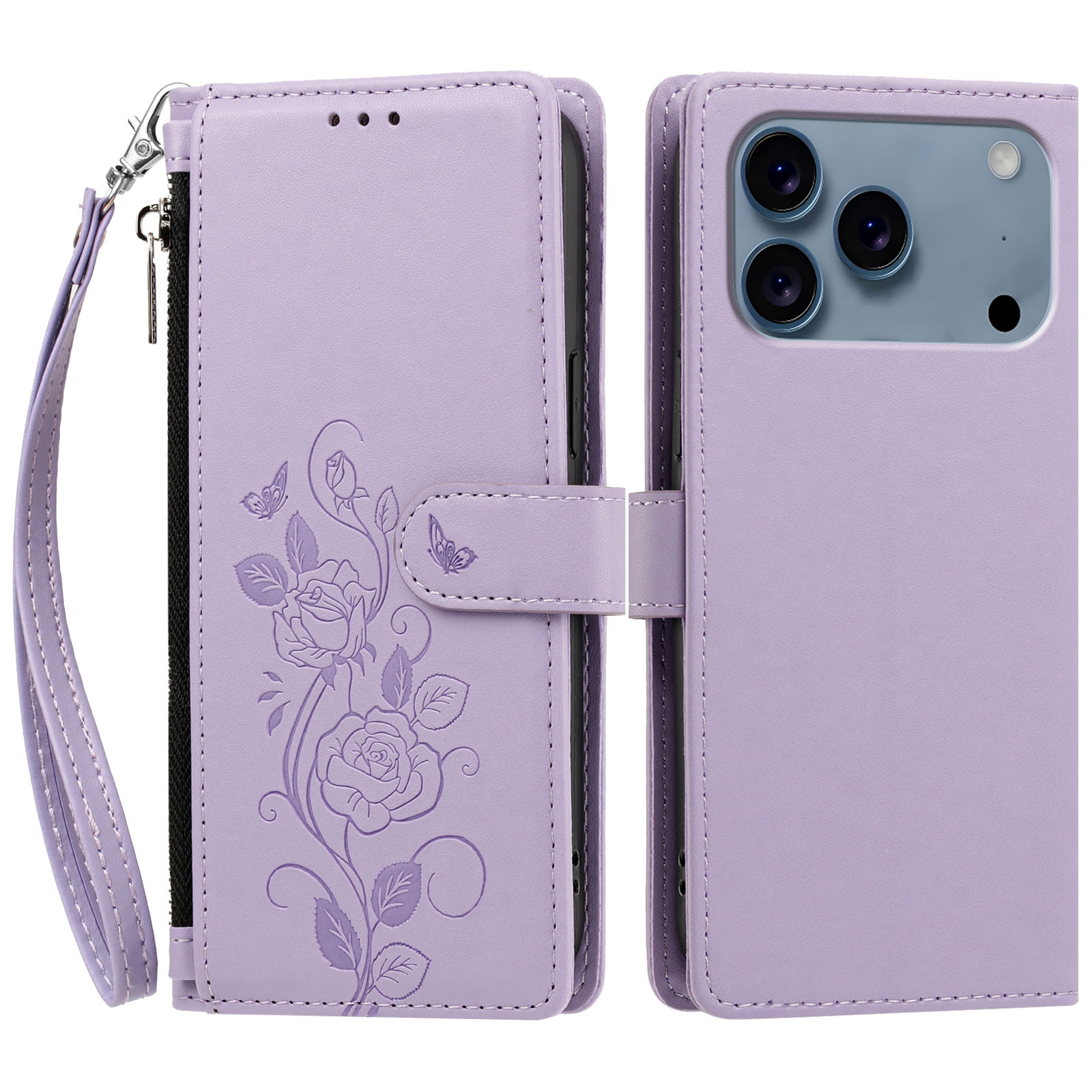For iPhone 17 Pro Max / iPhone 18 Pro Max Case Rose Pattern Imprinted Wallet Stand PU Leather Phone Cover with Wrist Strap - Light Purple