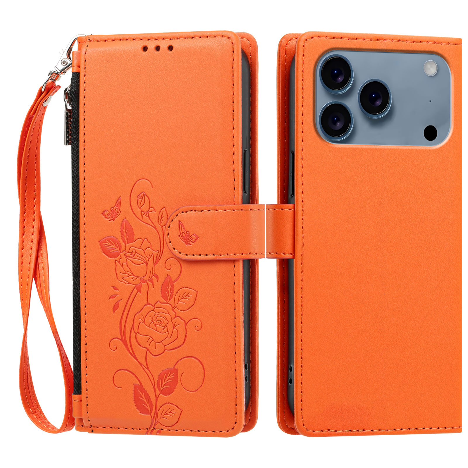 For iPhone 17 Pro / iPhone 18 Pro Case Rose Pattern Imprinted Wallet Stand PU Leather Phone Cover with Wrist Strap - Orange