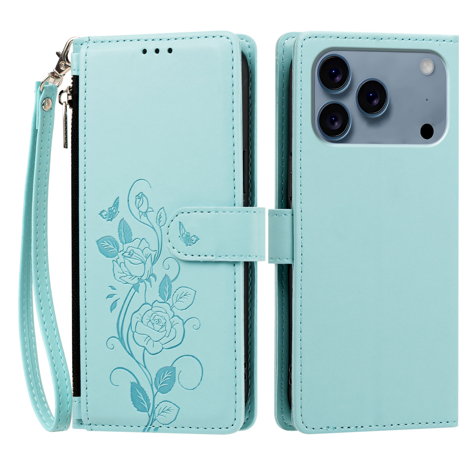 For iPhone 17 Pro / iPhone 18 Pro Case Rose Pattern Imprinted Wallet Stand PU Leather Phone Cover with Wrist Strap - Light Green