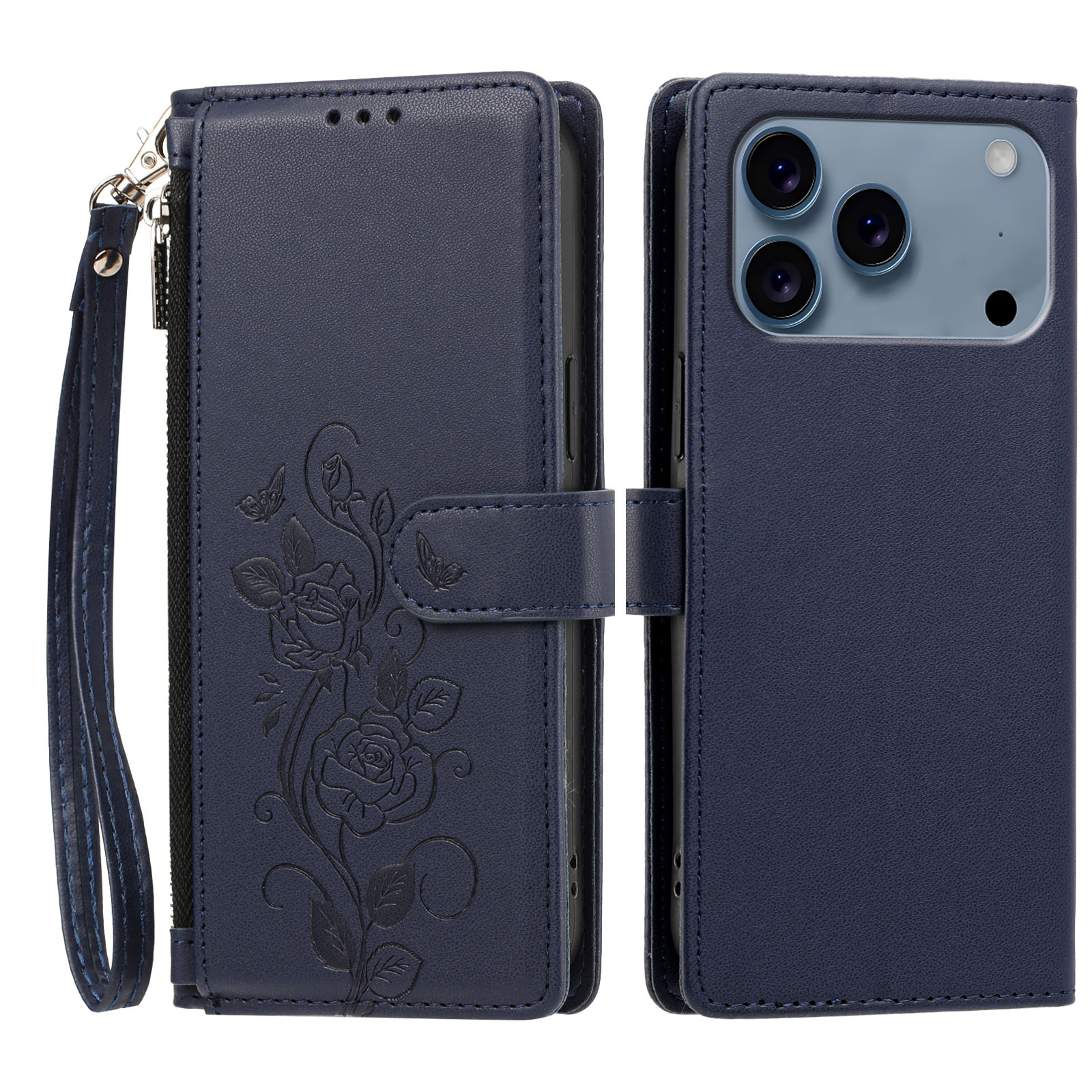 For iPhone 17 Pro / iPhone 18 Pro Case Rose Pattern Imprinted Wallet Stand PU Leather Phone Cover with Wrist Strap - Dark Blue