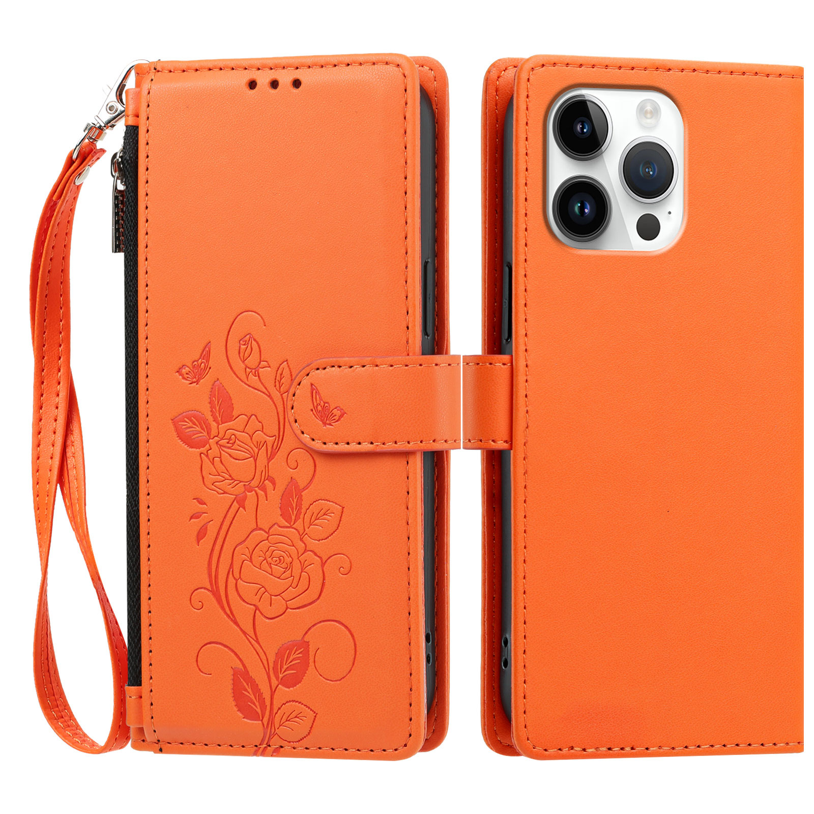 For iPhone 16 Pro Max Case Rose Pattern Imprinted Wallet Stand PU Leather Phone Cover with Wrist Strap - Orange