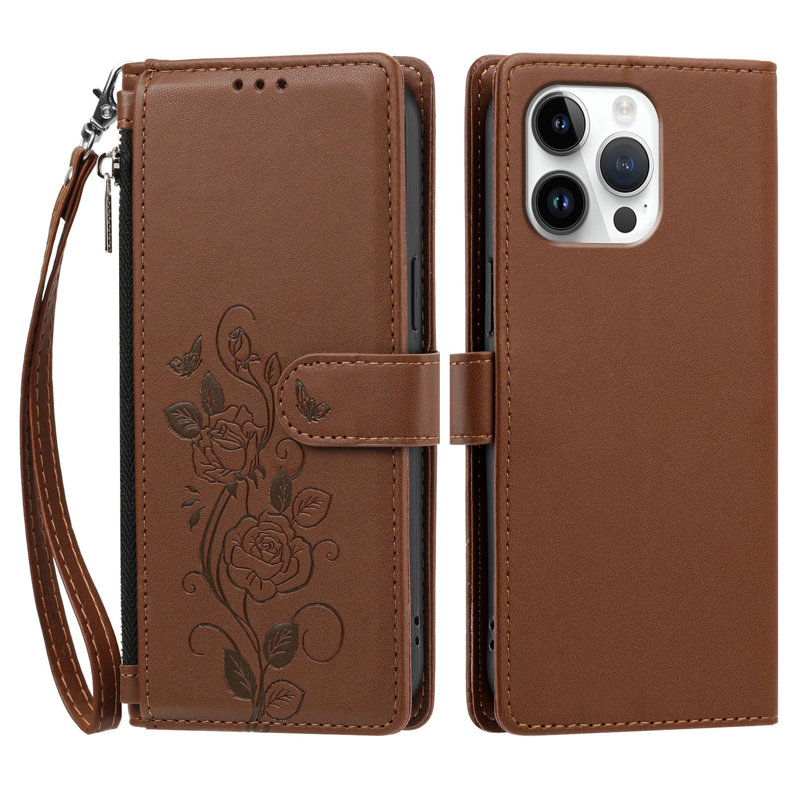 For iPhone 16 Pro Max Case Rose Pattern Imprinted Wallet Stand PU Leather Phone Cover with Wrist Strap - Brown