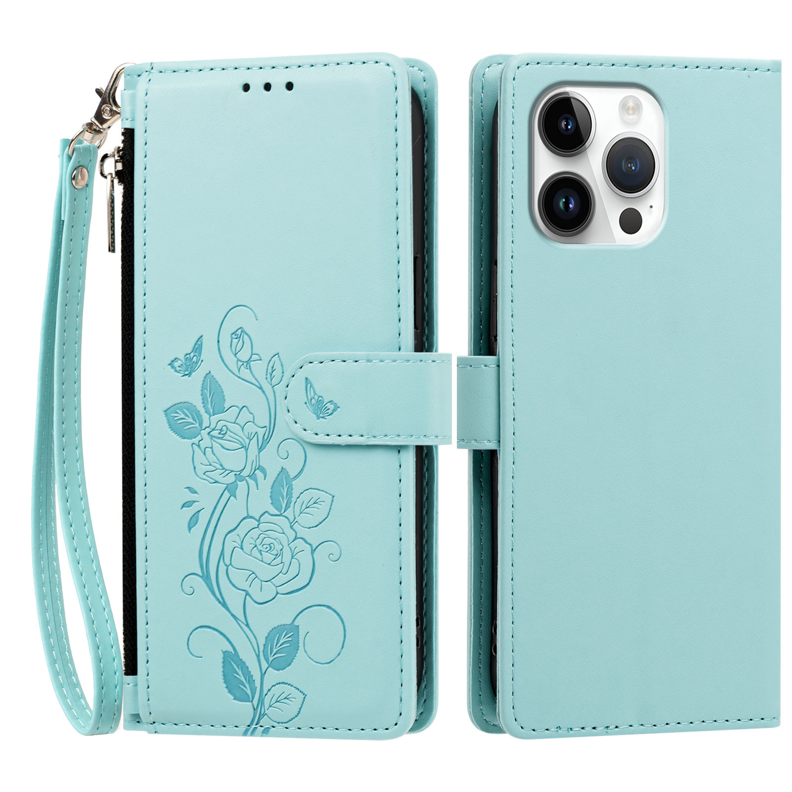 For iPhone 16 Pro Max Case Rose Pattern Imprinted Wallet Stand PU Leather Phone Cover with Wrist Strap - Light Green