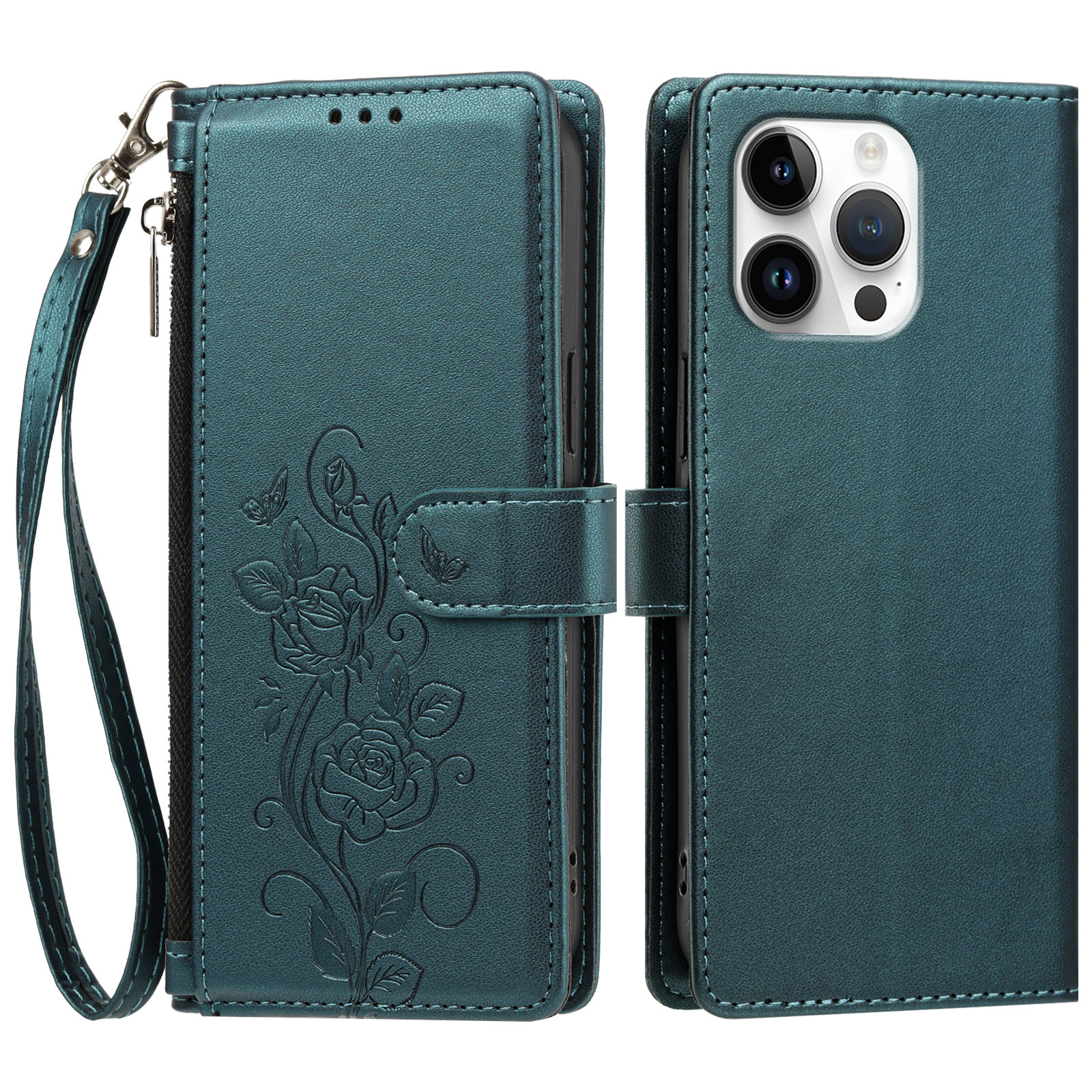 For iPhone 16 Pro Max Case Rose Pattern Imprinted Wallet Stand PU Leather Phone Cover with Wrist Strap - Dark Green