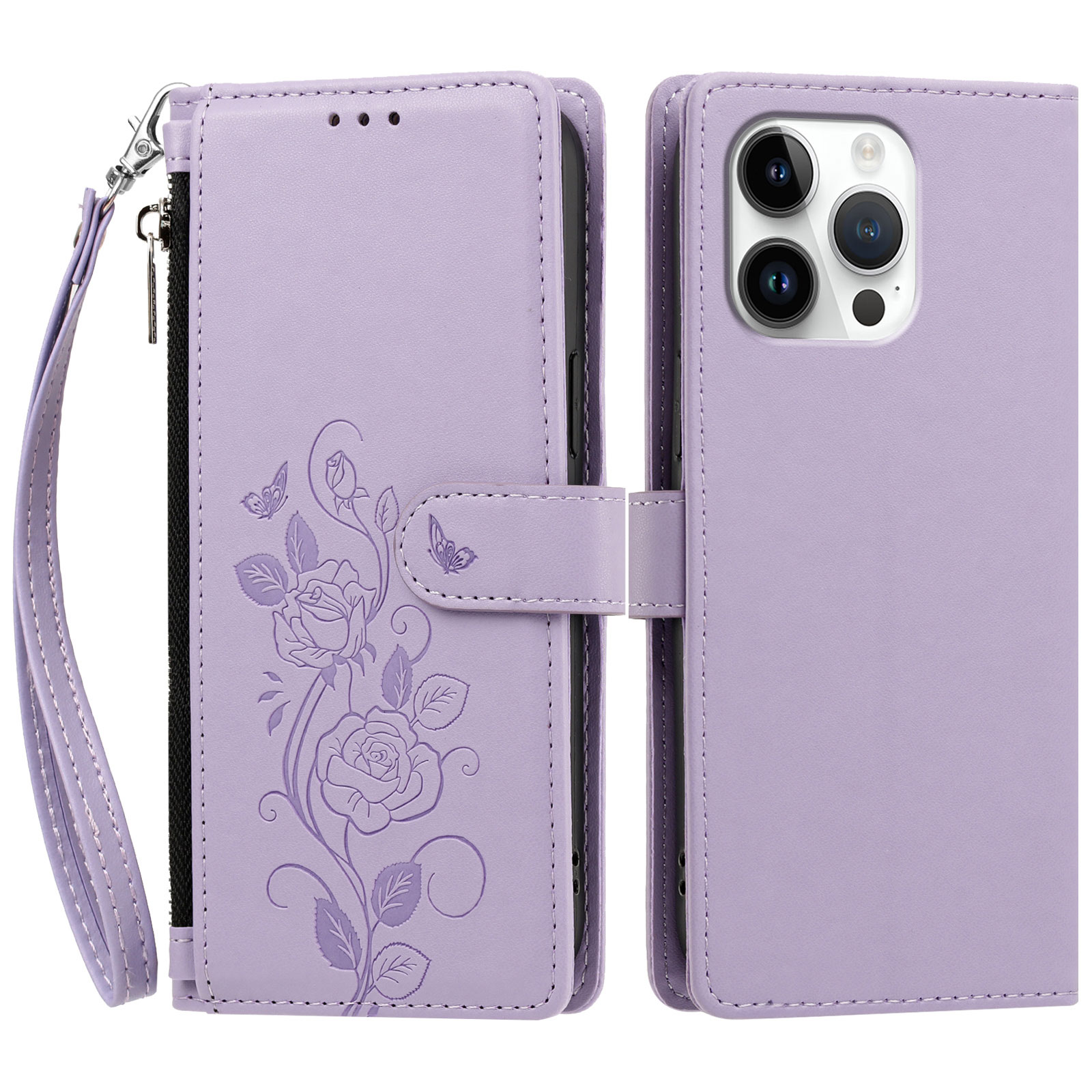 For iPhone 16 Pro Max Case Rose Pattern Imprinted Wallet Stand PU Leather Phone Cover with Wrist Strap - Light Purple