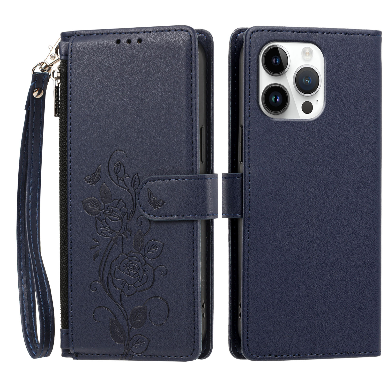 For iPhone 16 Pro Max Case Rose Pattern Imprinted Wallet Stand PU Leather Phone Cover with Wrist Strap - Dark Blue