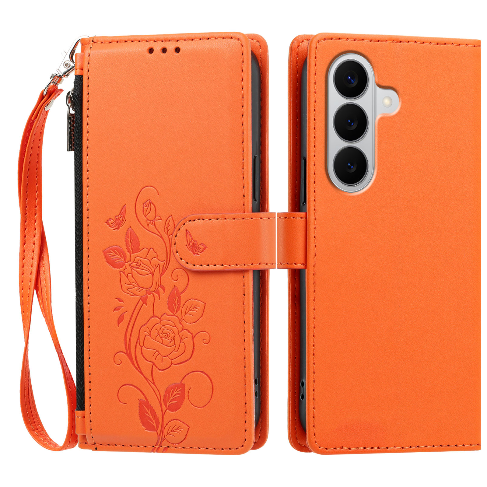 For Samsung Galaxy M47 5G / Galaxy A27 5G Case Rose Pattern Imprinted Wallet Stand PU Leather Phone Cover with Wrist Strap - Orange