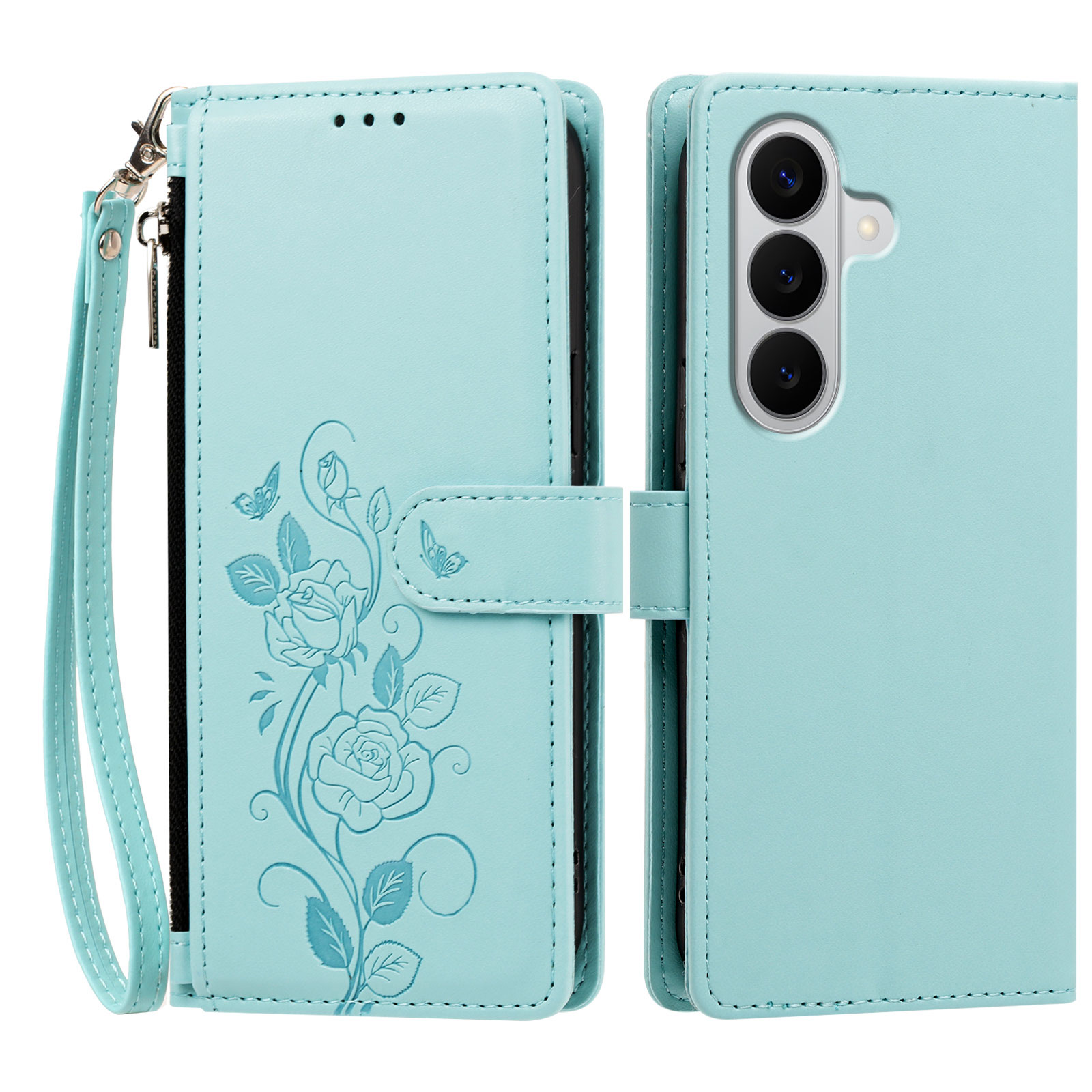 For Samsung Galaxy M47 5G / Galaxy A27 5G Case Rose Pattern Imprinted Wallet Stand PU Leather Phone Cover with Wrist Strap - Light Green