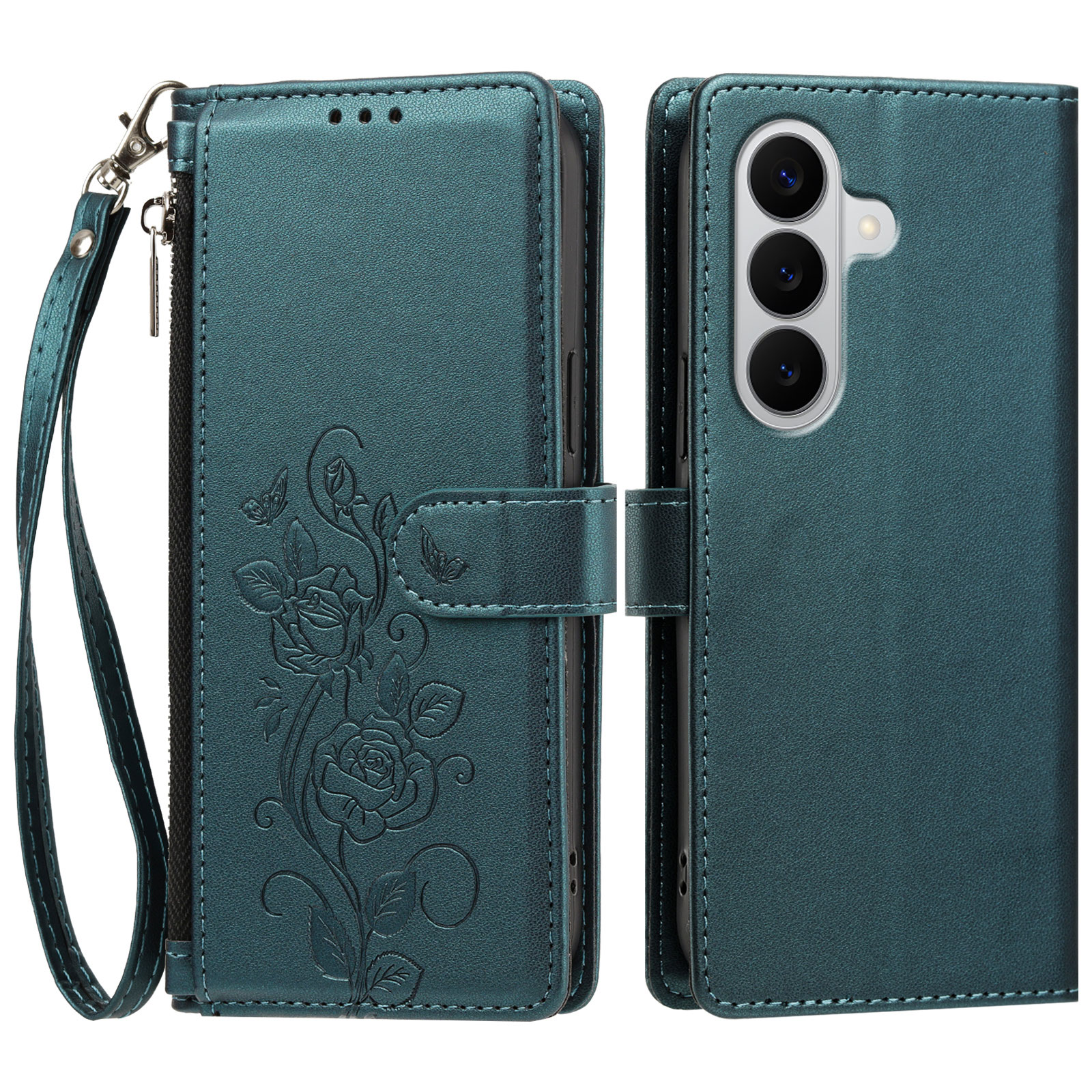 For Samsung Galaxy M47 5G / Galaxy A27 5G Case Rose Pattern Imprinted Wallet Stand PU Leather Phone Cover with Wrist Strap - Dark Green